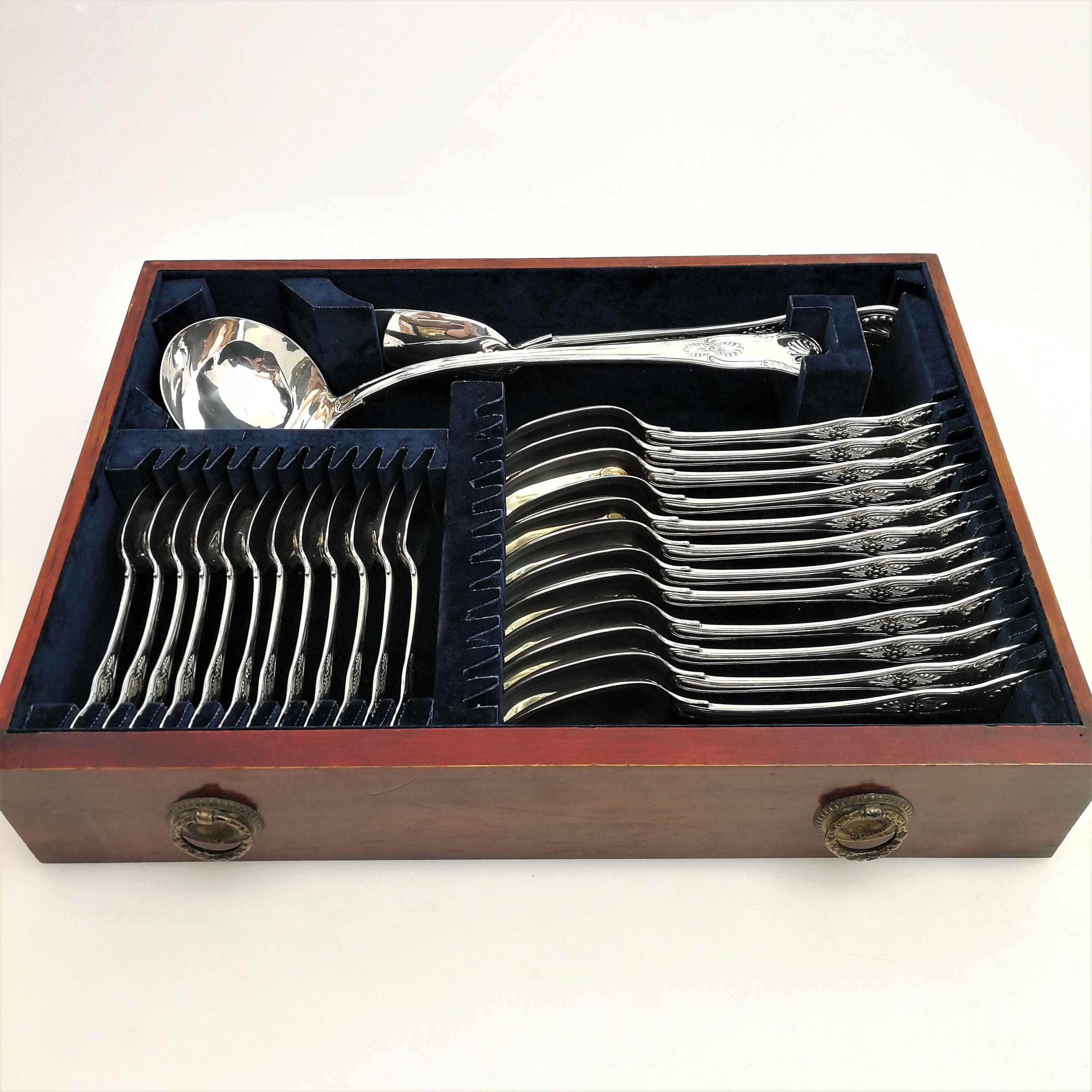 antique silver cutlery set in wooden box