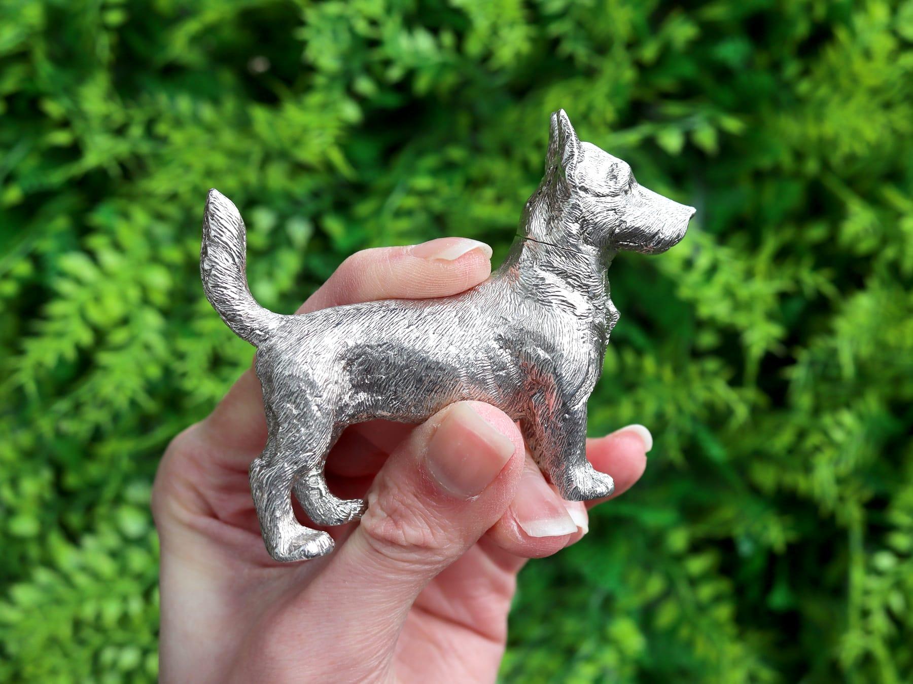 An exceptional, fine and impressive antique George V English sterling silver pepper modelled in the form of a dog; an addition to our novelty silverware collection

This exceptional and rare antique George V cast sterling silver pepperette has