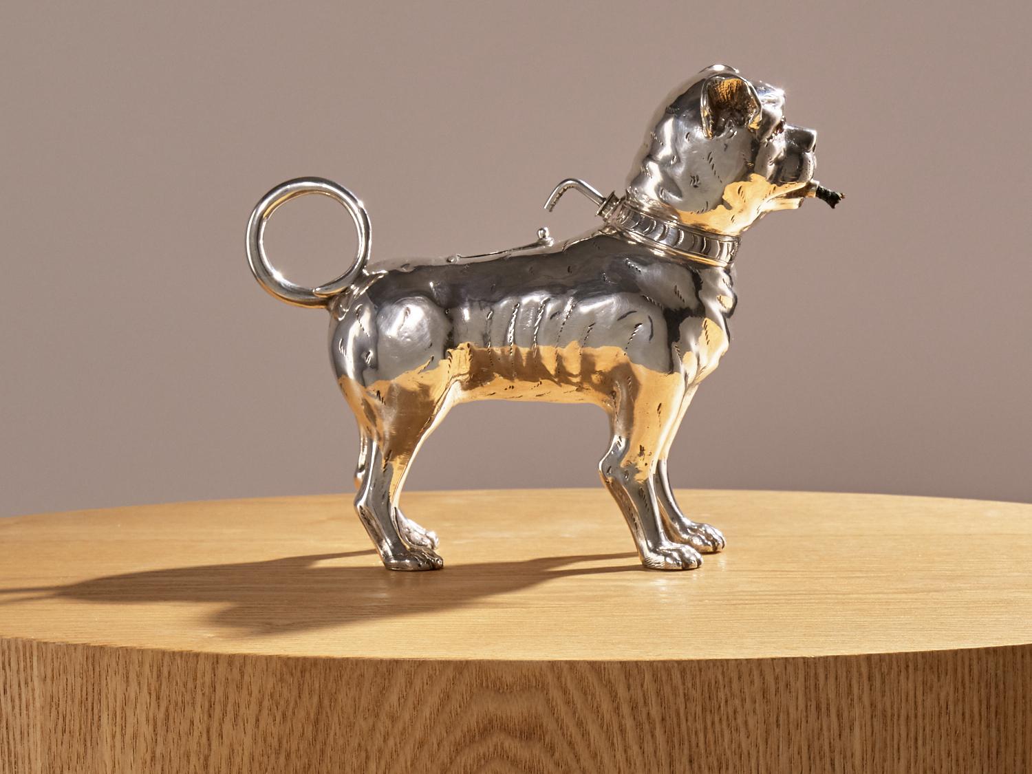 British Antique Sterling Silver Dog Table Lighter by Daniel & John Wellby London, 1890