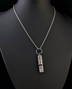 Antique sterling silver dog whistle pendant, rope chain necklace