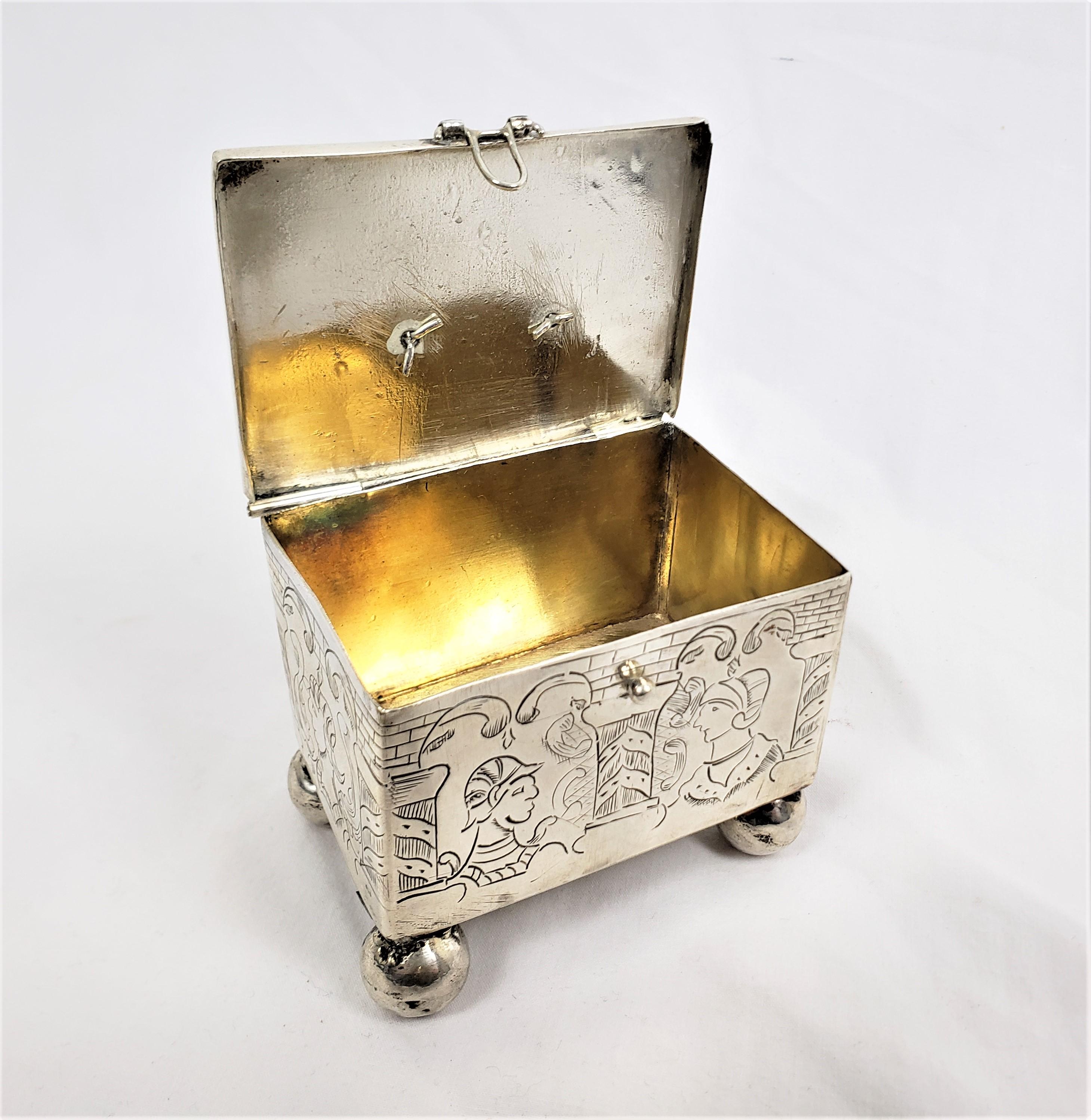 Antique Sterling Silver Dutch Marriage Box with Engraved Rococco Styled Figures For Sale 4