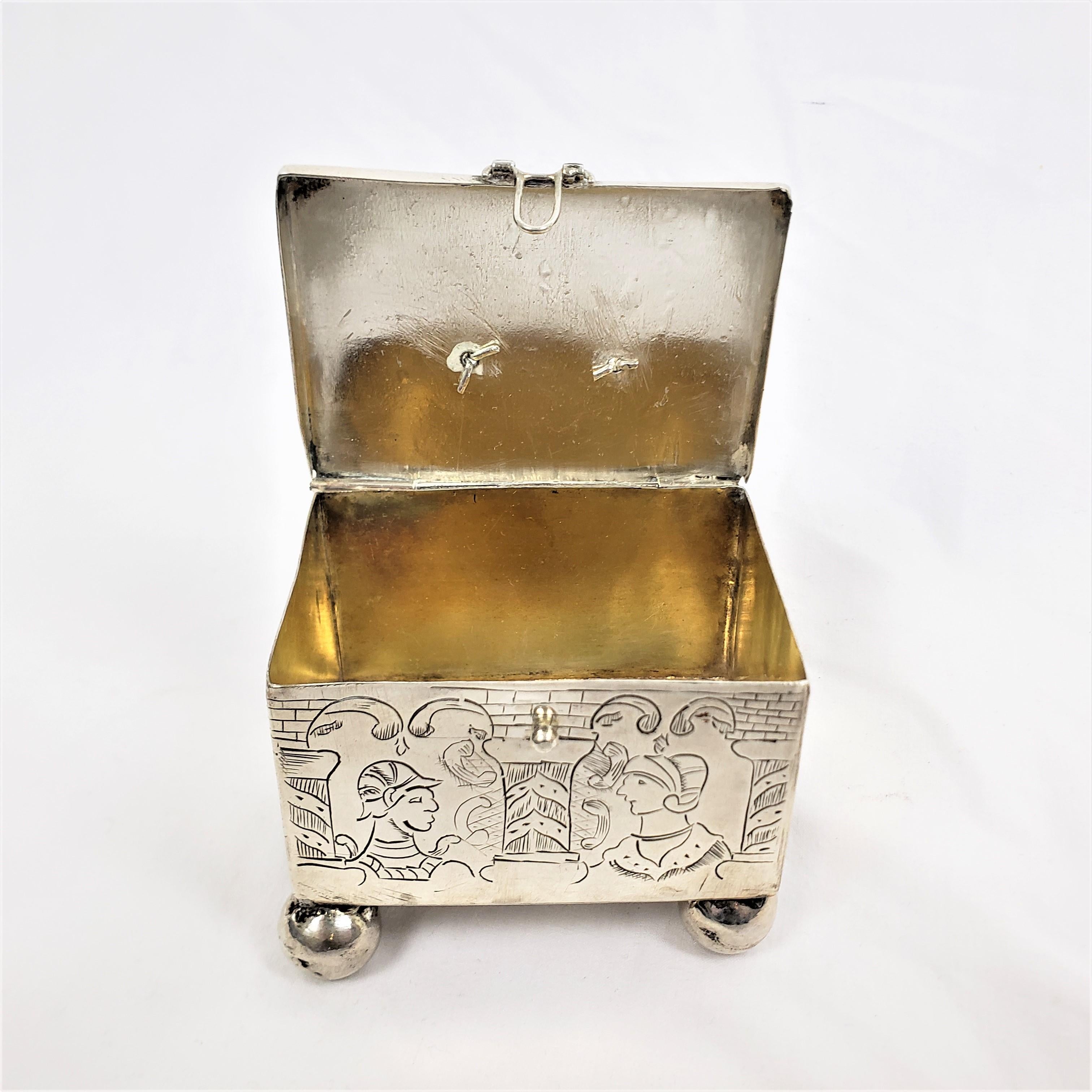 Antique Sterling Silver Dutch Marriage Box with Engraved Rococco Styled Figures For Sale 5