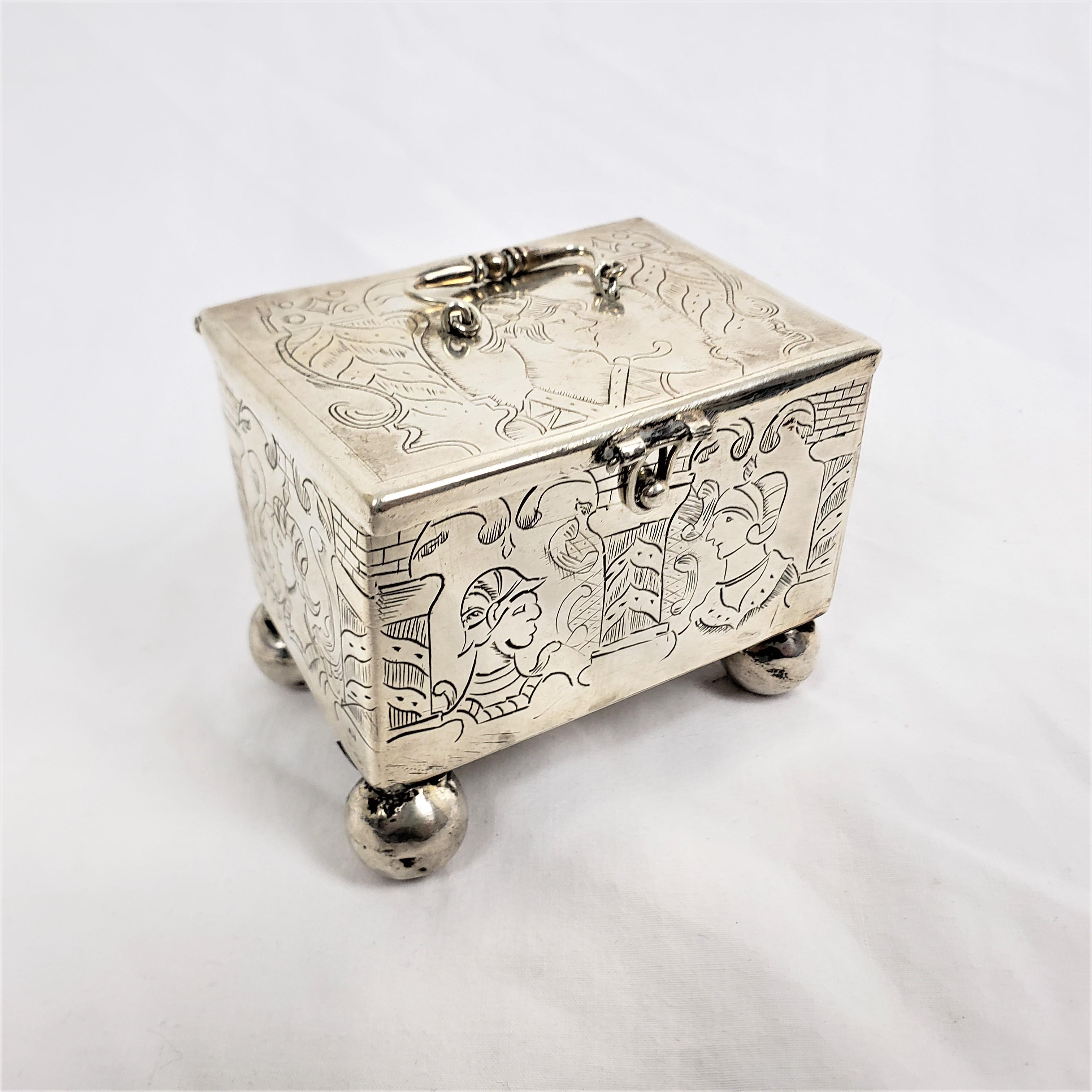 Rococo Antique Sterling Silver Dutch Marriage Box with Engraved Rococco Styled Figures For Sale