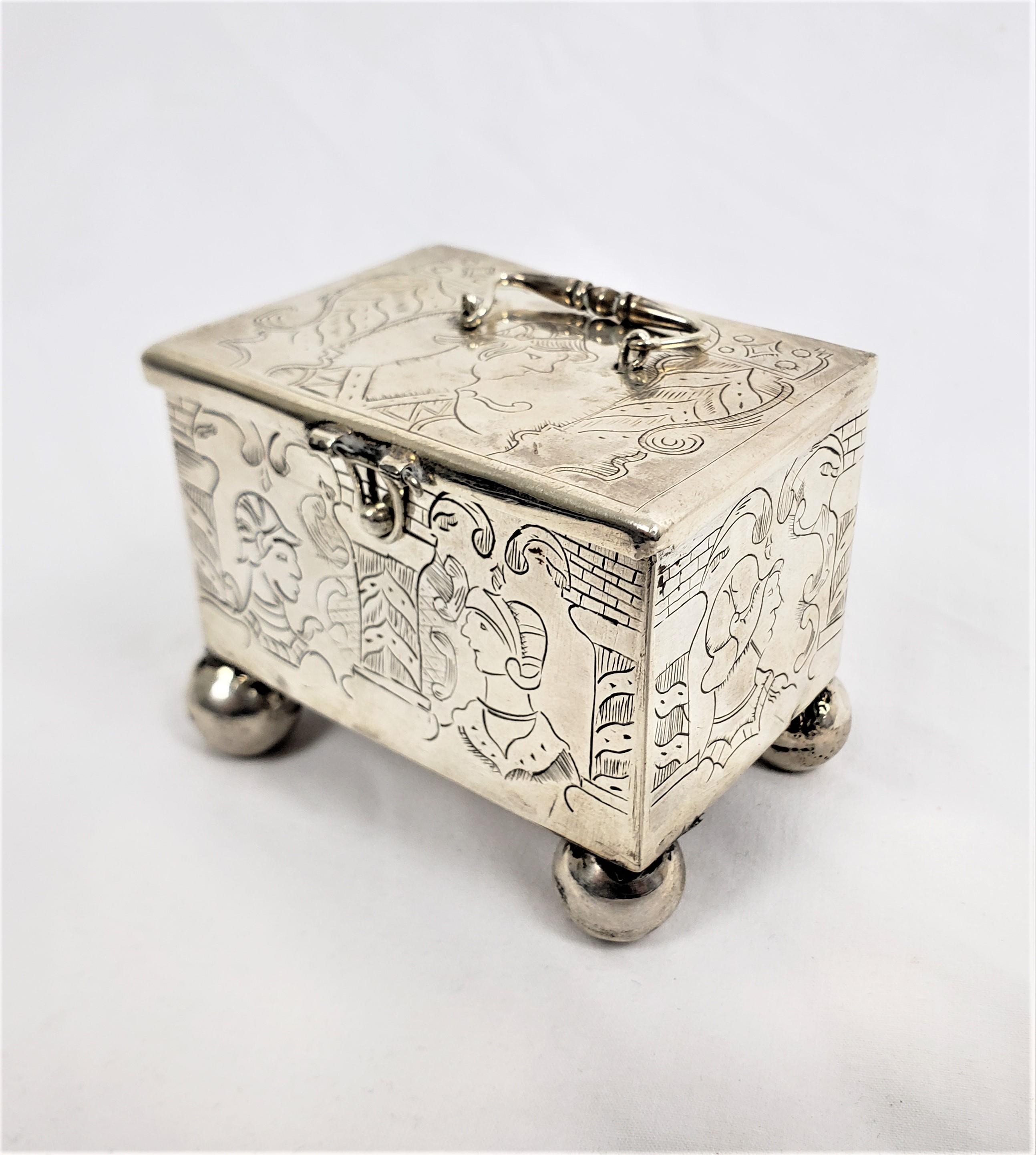 Hand-Crafted Antique Sterling Silver Dutch Marriage Box with Engraved Rococco Styled Figures For Sale