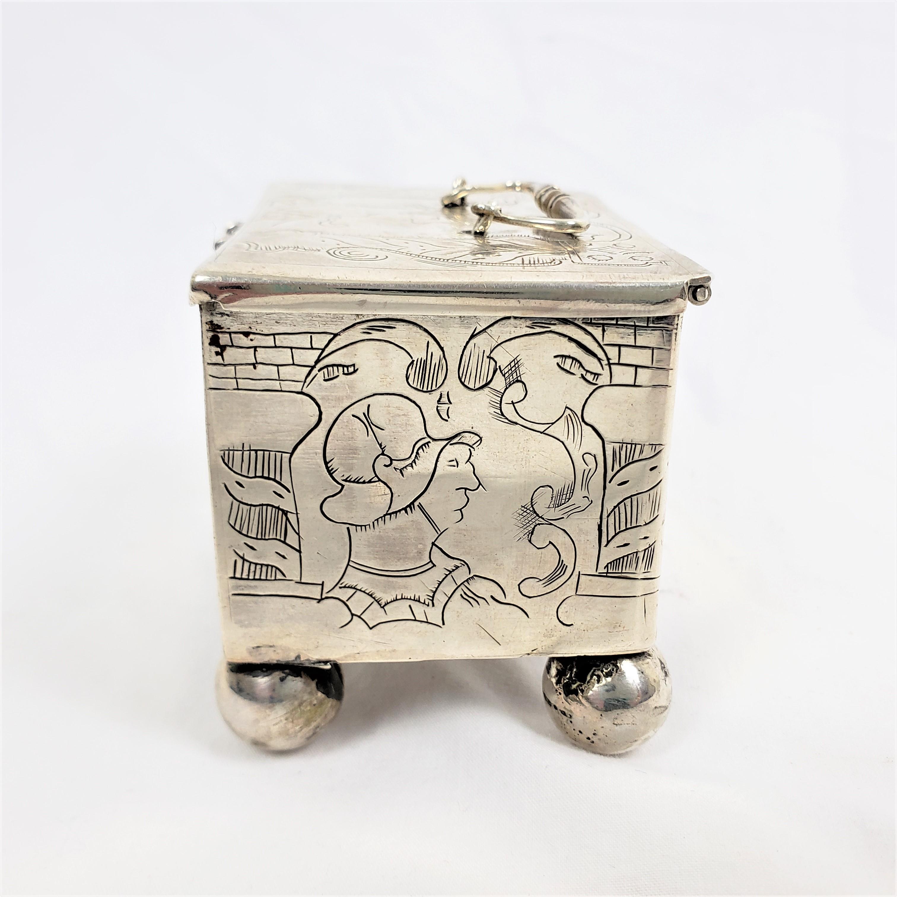 Antique Sterling Silver Dutch Marriage Box with Engraved Rococco Styled Figures In Good Condition For Sale In Hamilton, Ontario
