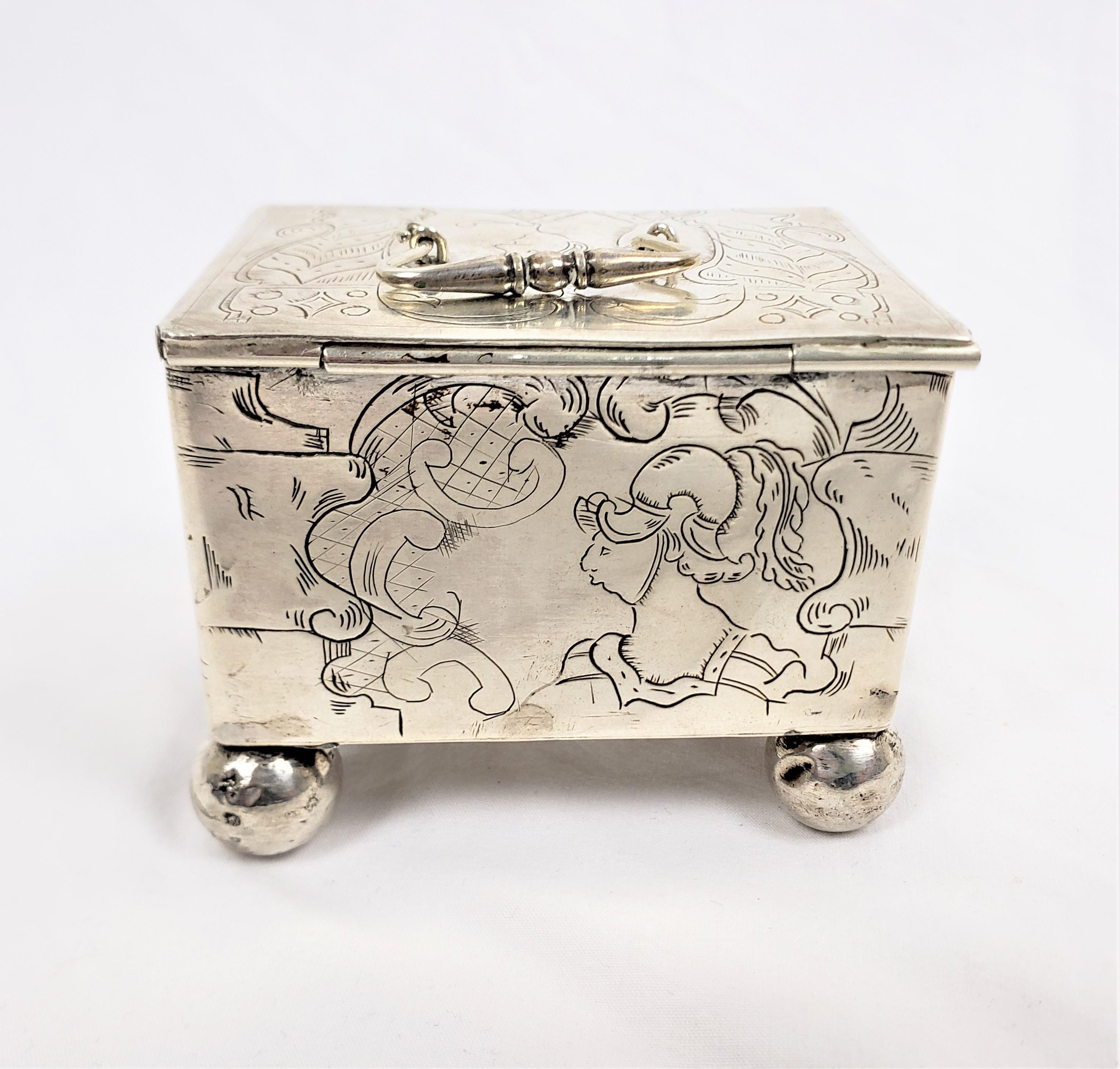 18th Century Antique Sterling Silver Dutch Marriage Box with Engraved Rococco Styled Figures For Sale