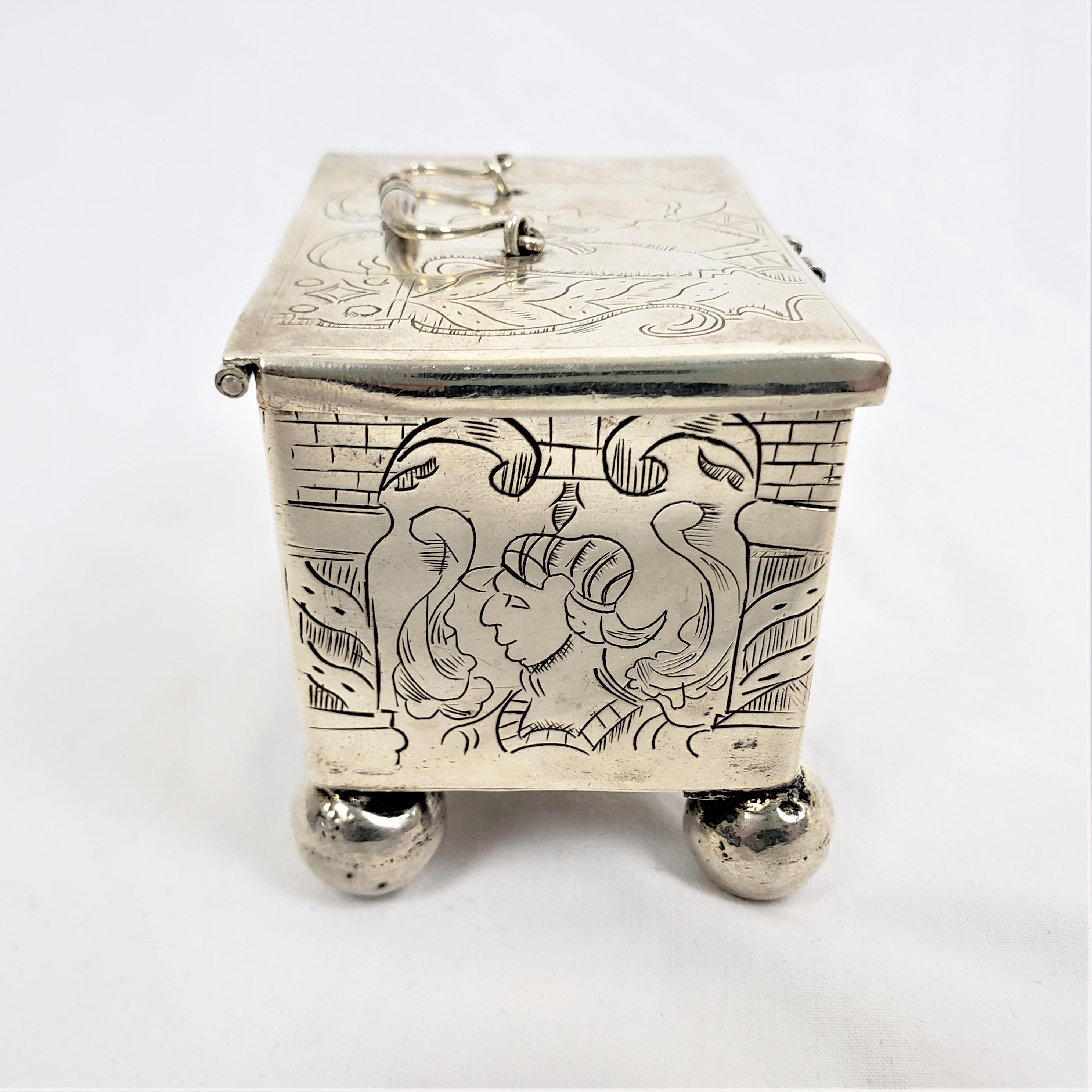 Antique Sterling Silver Dutch Marriage Box with Engraved Rococco Styled Figures For Sale 1