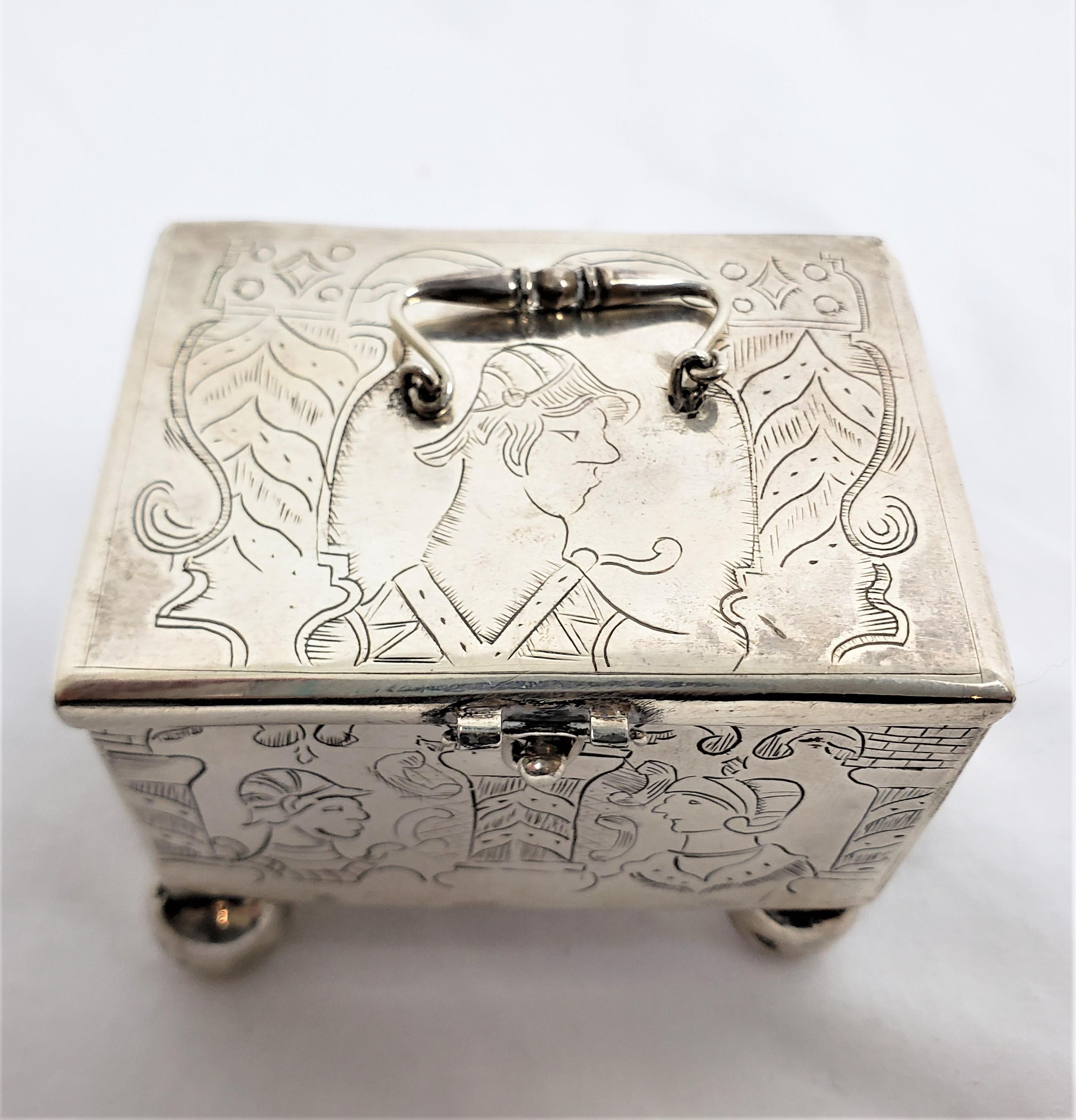 Antique Sterling Silver Dutch Marriage Box with Engraved Rococco Styled Figures For Sale 2