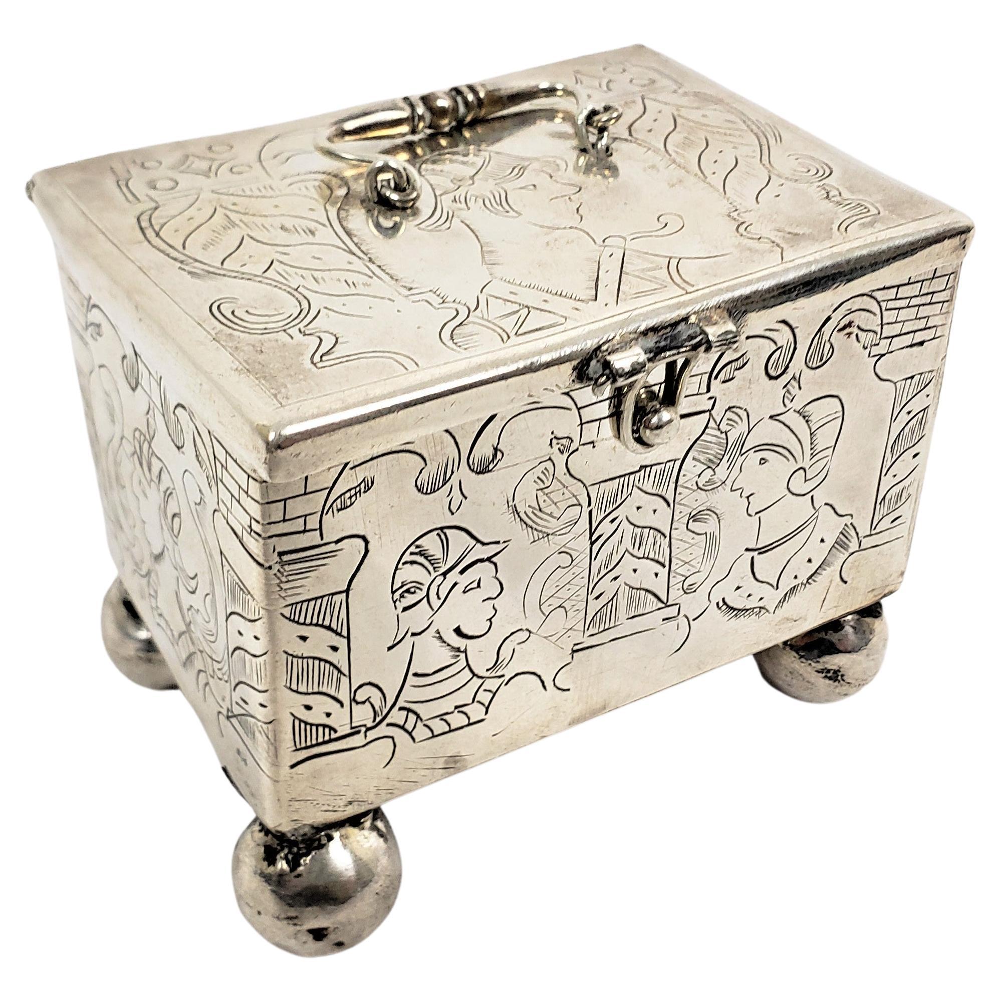 Antique Sterling Silver Dutch Marriage Box with Engraved Rococco Styled Figures For Sale