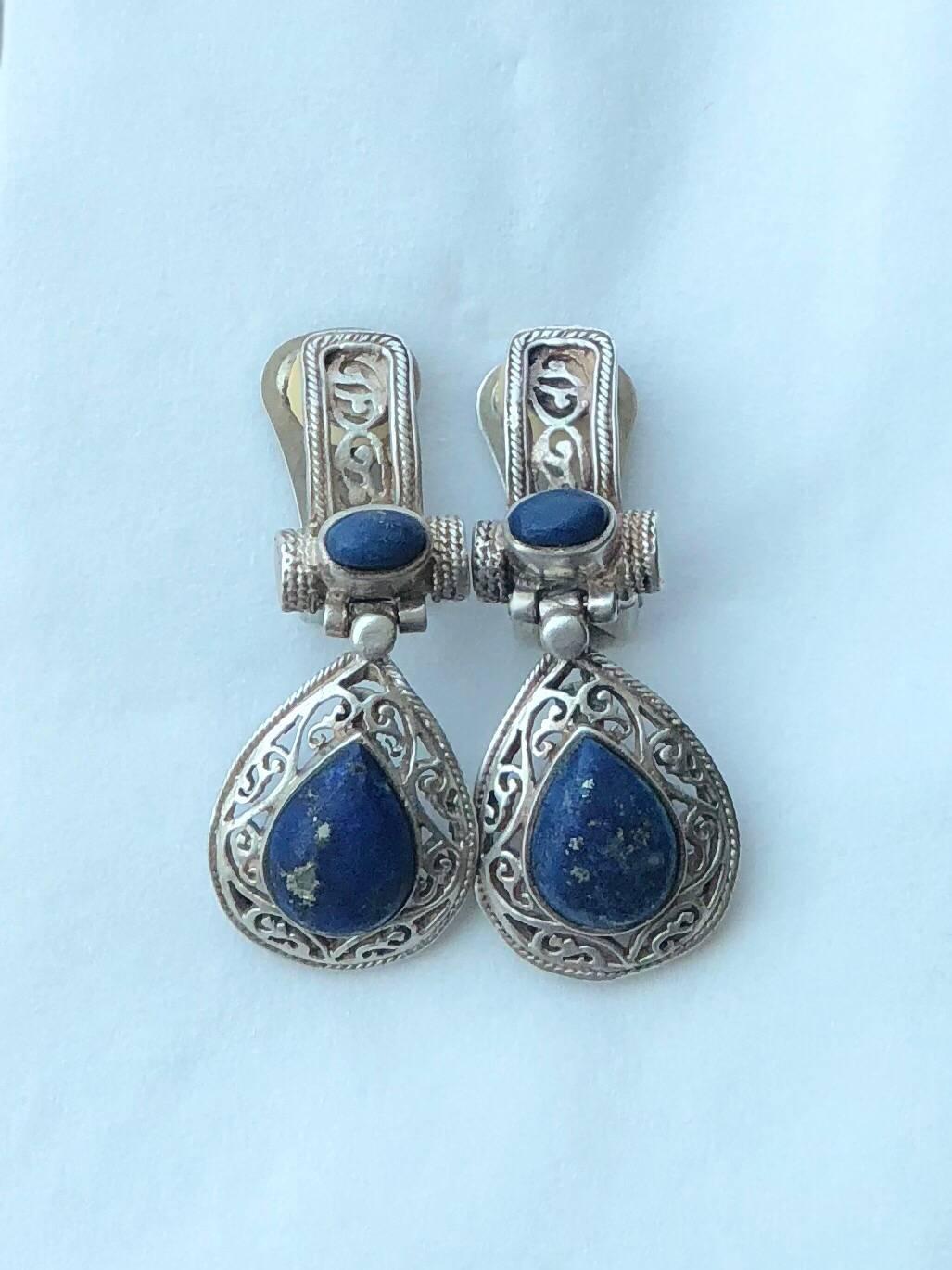Antique style Italian sterling silver earrings lapis lazuli with clips.