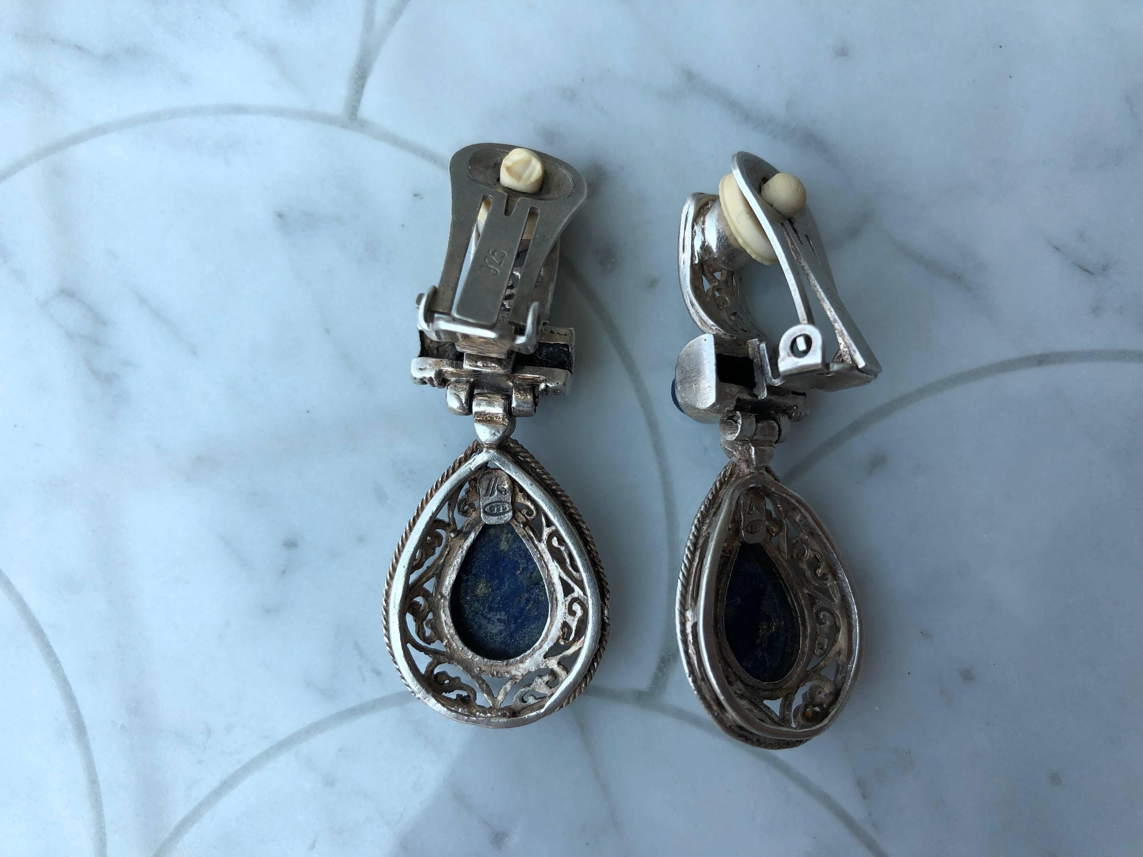 Classical Roman Antique Sterling Silver Earrings Italy Lapis Lazuli