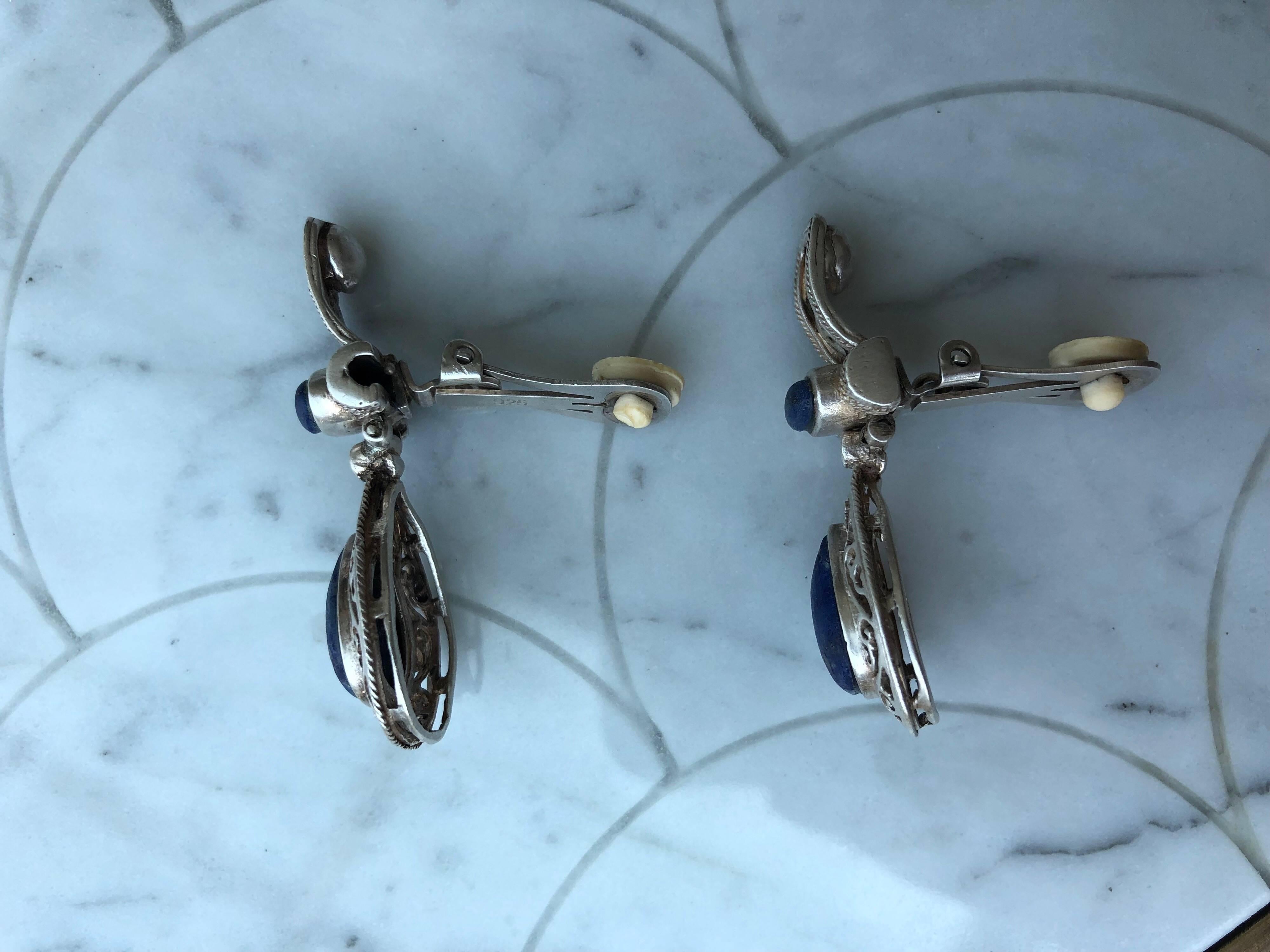 Italian Antique Sterling Silver Earrings Italy Lapis Lazuli