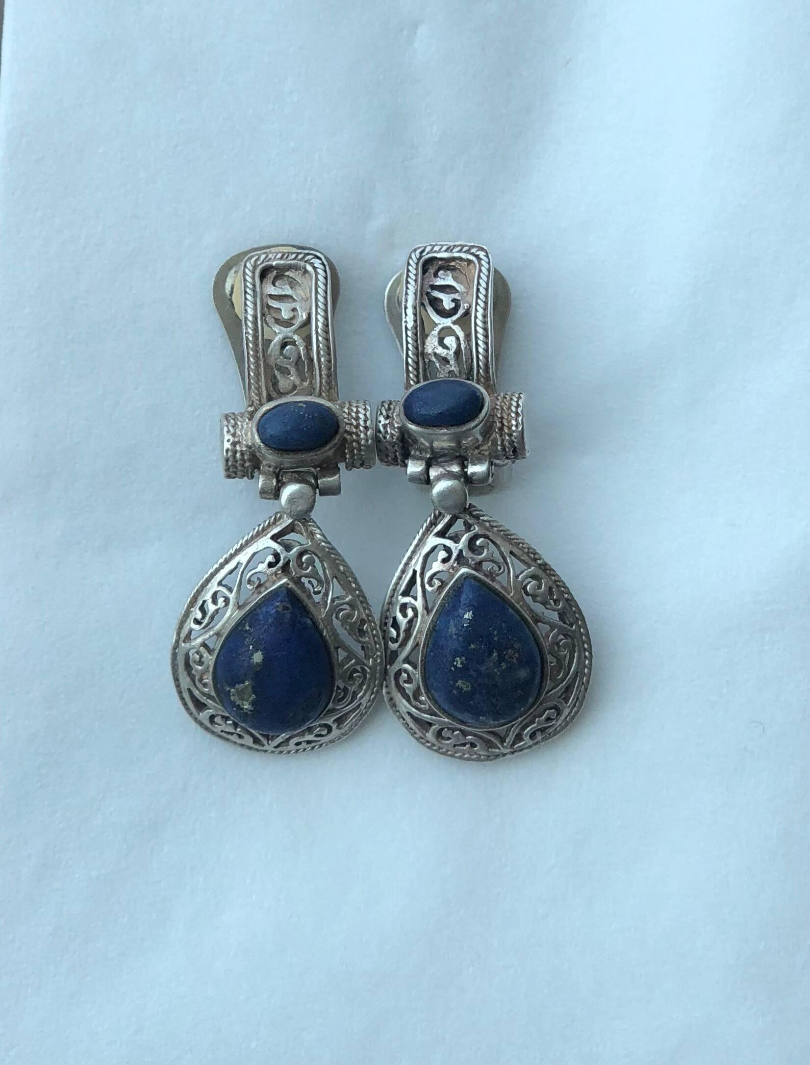 Mid-20th Century Antique Sterling Silver Earrings Italy Lapis Lazuli