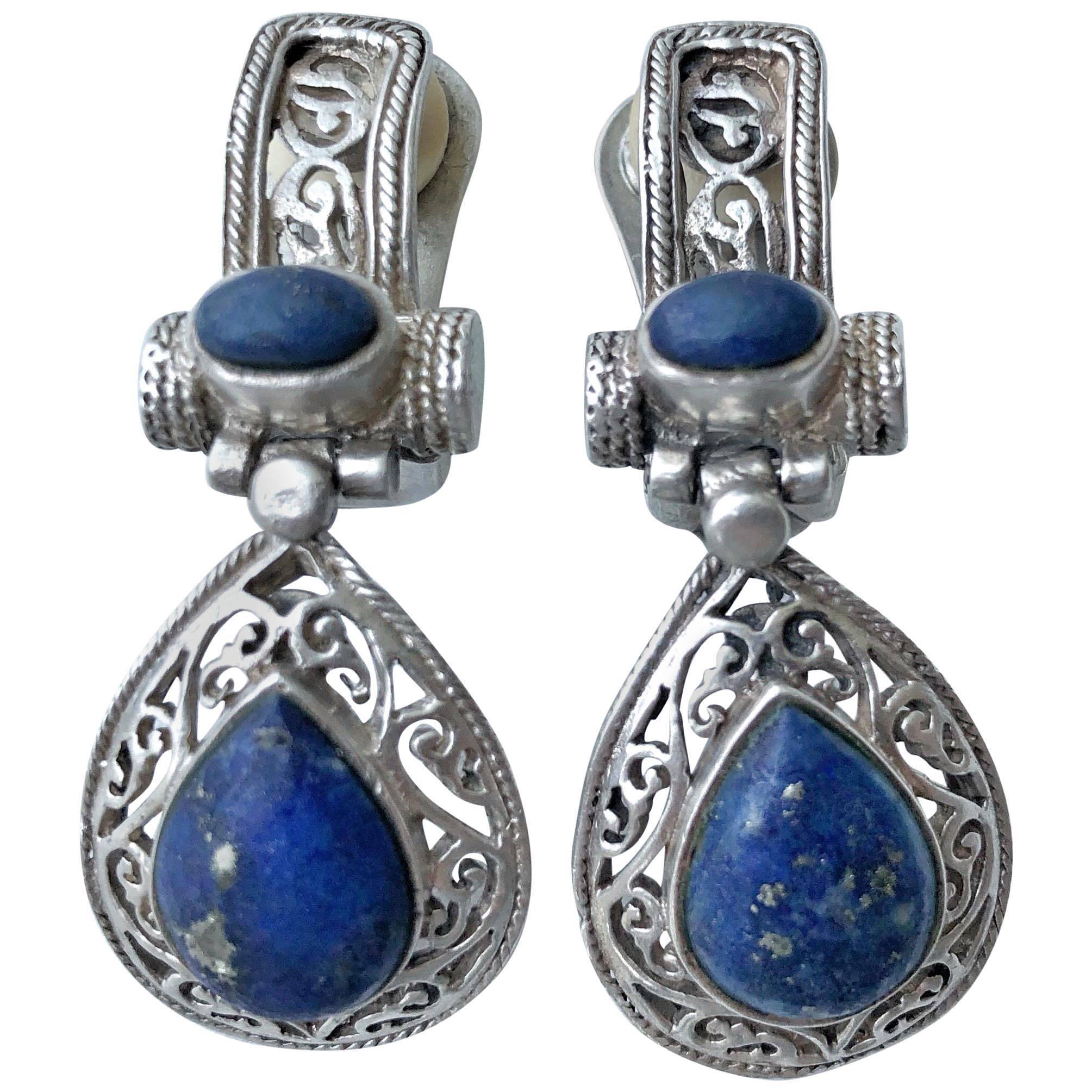 Antique Sterling Silver Earrings Italy Lapis Lazuli