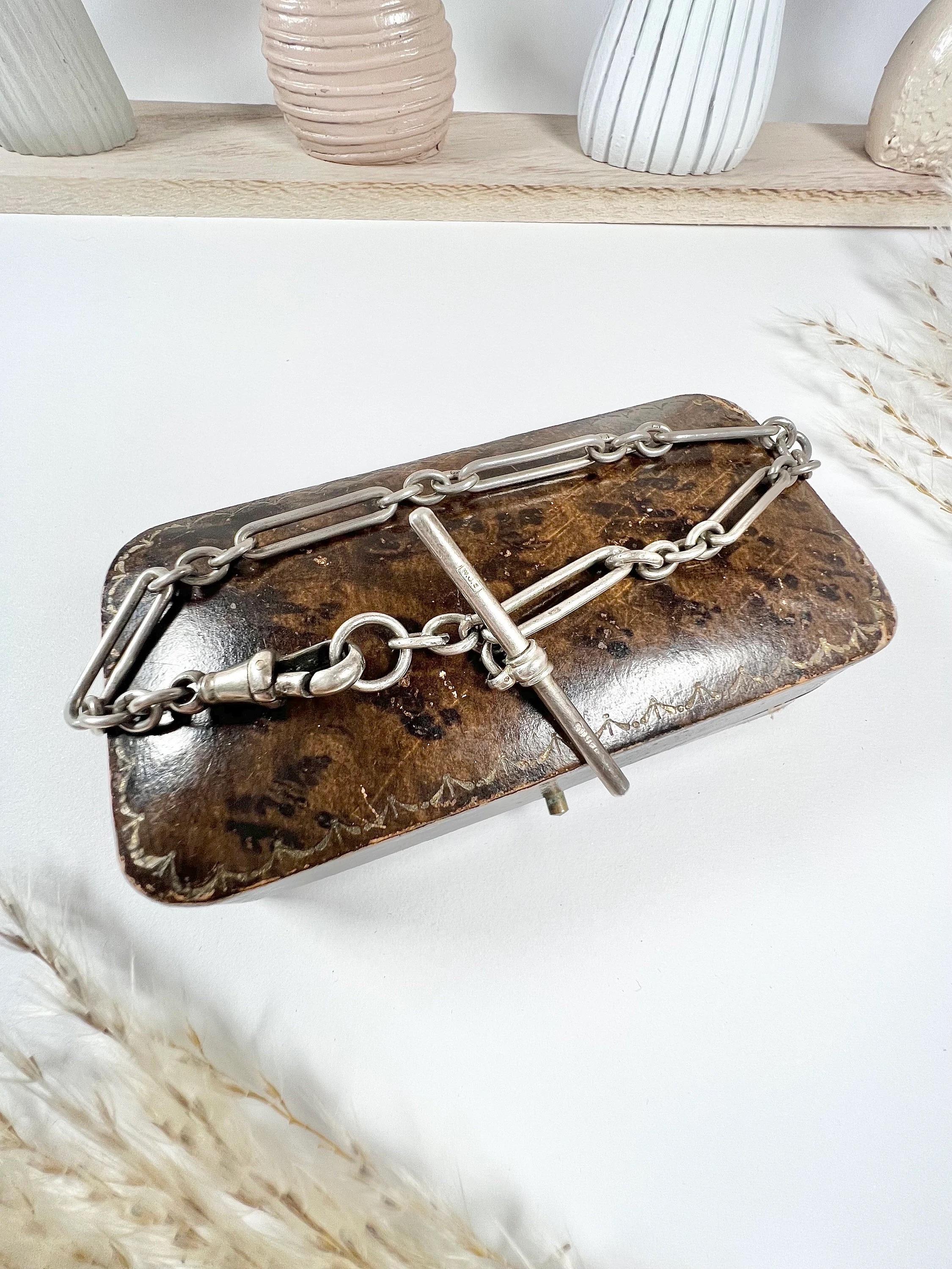 Women's or Men's Antique Sterling Silver, Edwardian Trombone Link Bracelet