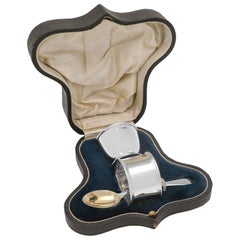 Antique sterling silver egg cup, spoon & napkin ring in a box. Made in 1921