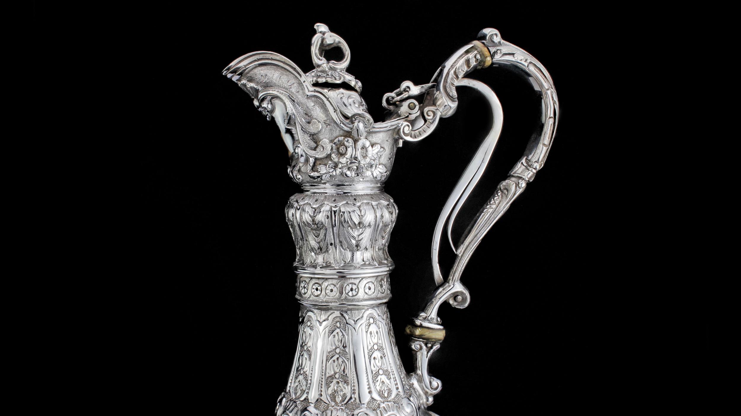 Antique Sterling Silver Elaborately Engraved Armada Jug, Sheffield, 1905 In Excellent Condition For Sale In Braintree, GB