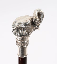 Antique Sterling Silver Elephant Walking Cane Stick 19th Century