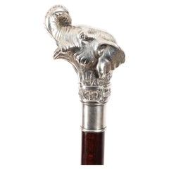 Antique Sterling Silver Elephant Walking Cane Stick 19th Century