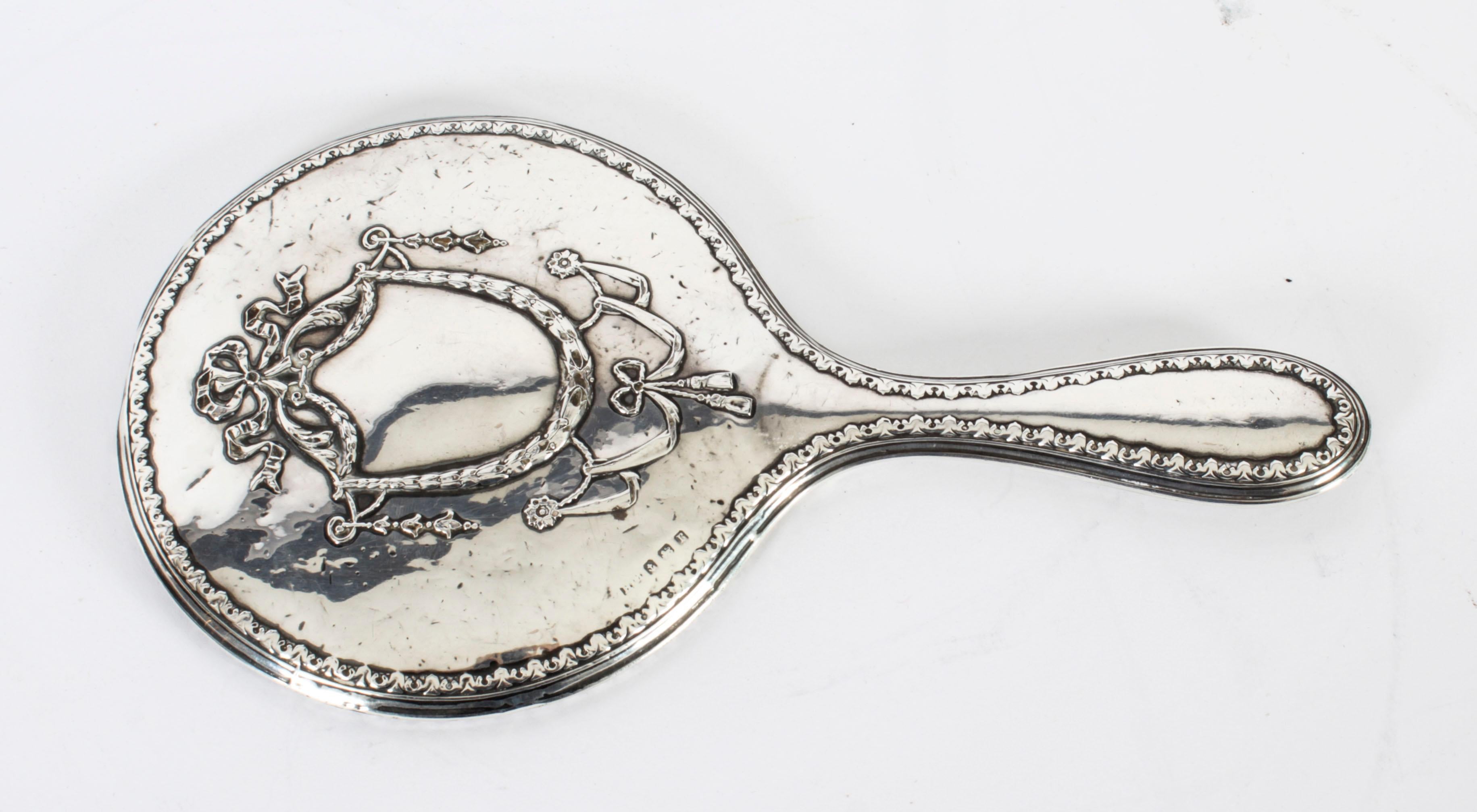 English Antique Sterling Silver & Embossed Hand Mirror, 1916