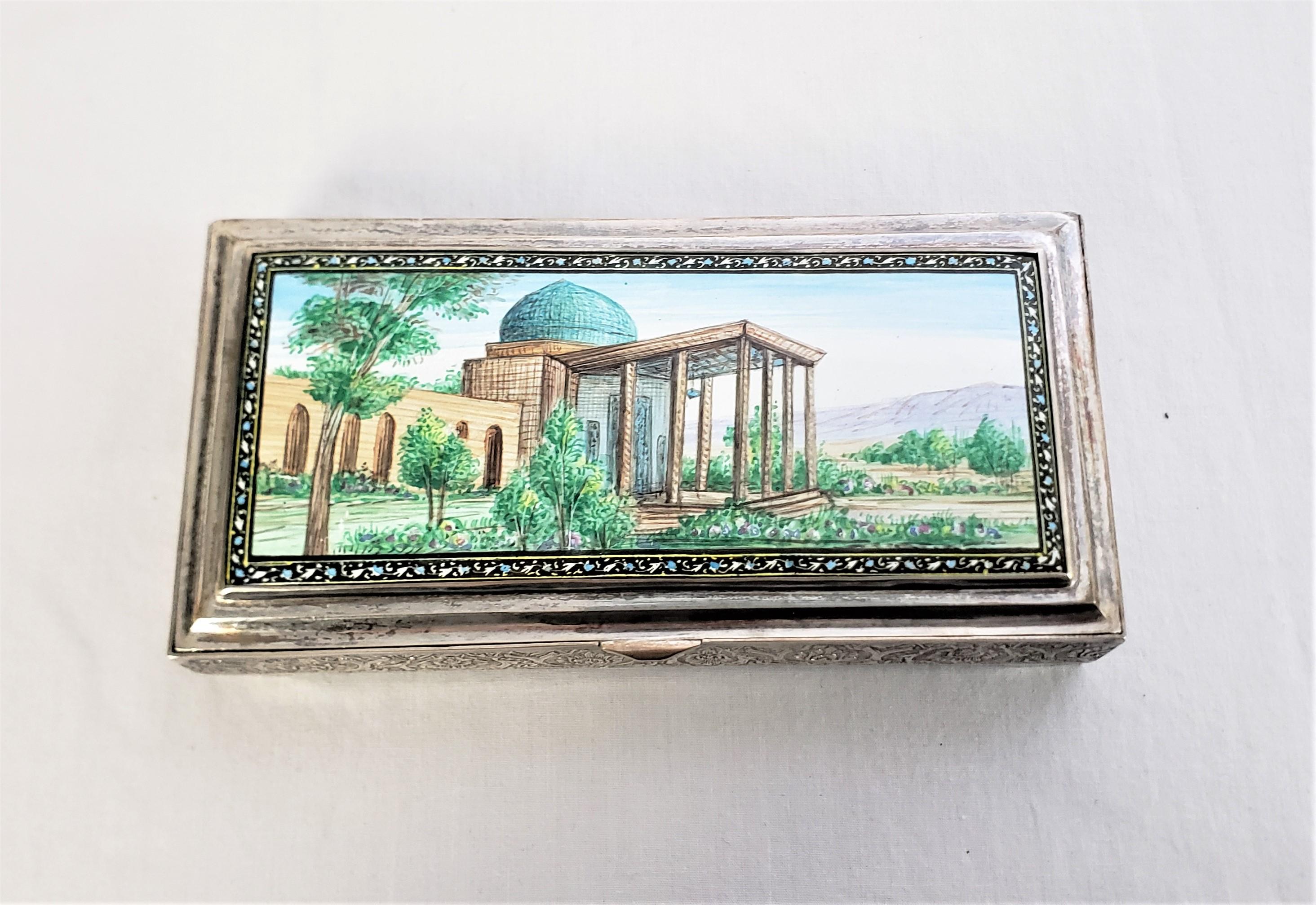 Bessarabian Antique Sterling Silver & Enamel Arabian Box with Chased Decoration For Sale