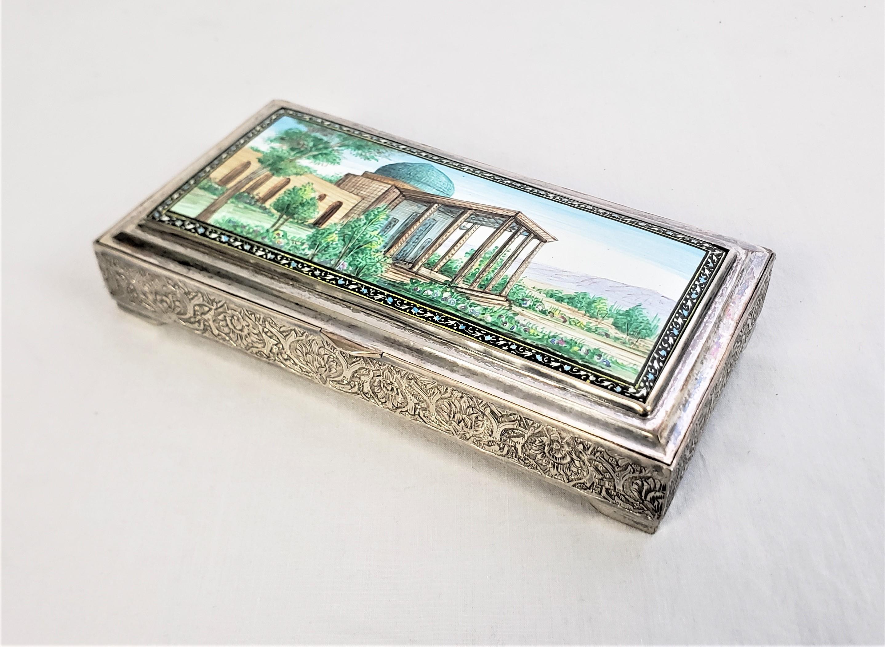 Emirian Antique Sterling Silver & Enamel Arabian Box with Chased Decoration For Sale