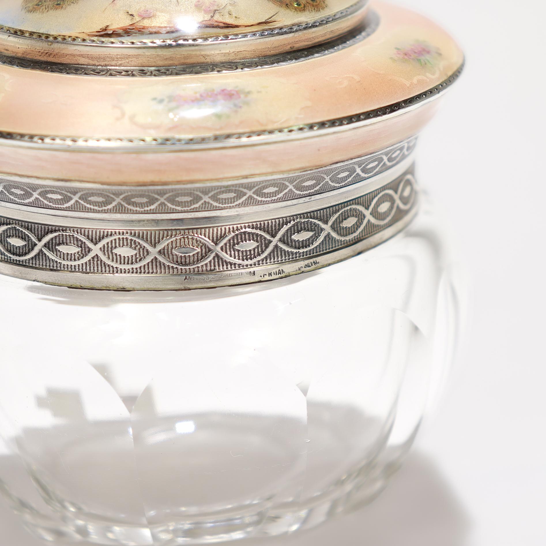 Ancienne boîte à vêtements en argent, émail et verre avec un paon pour Gorham en vente 9