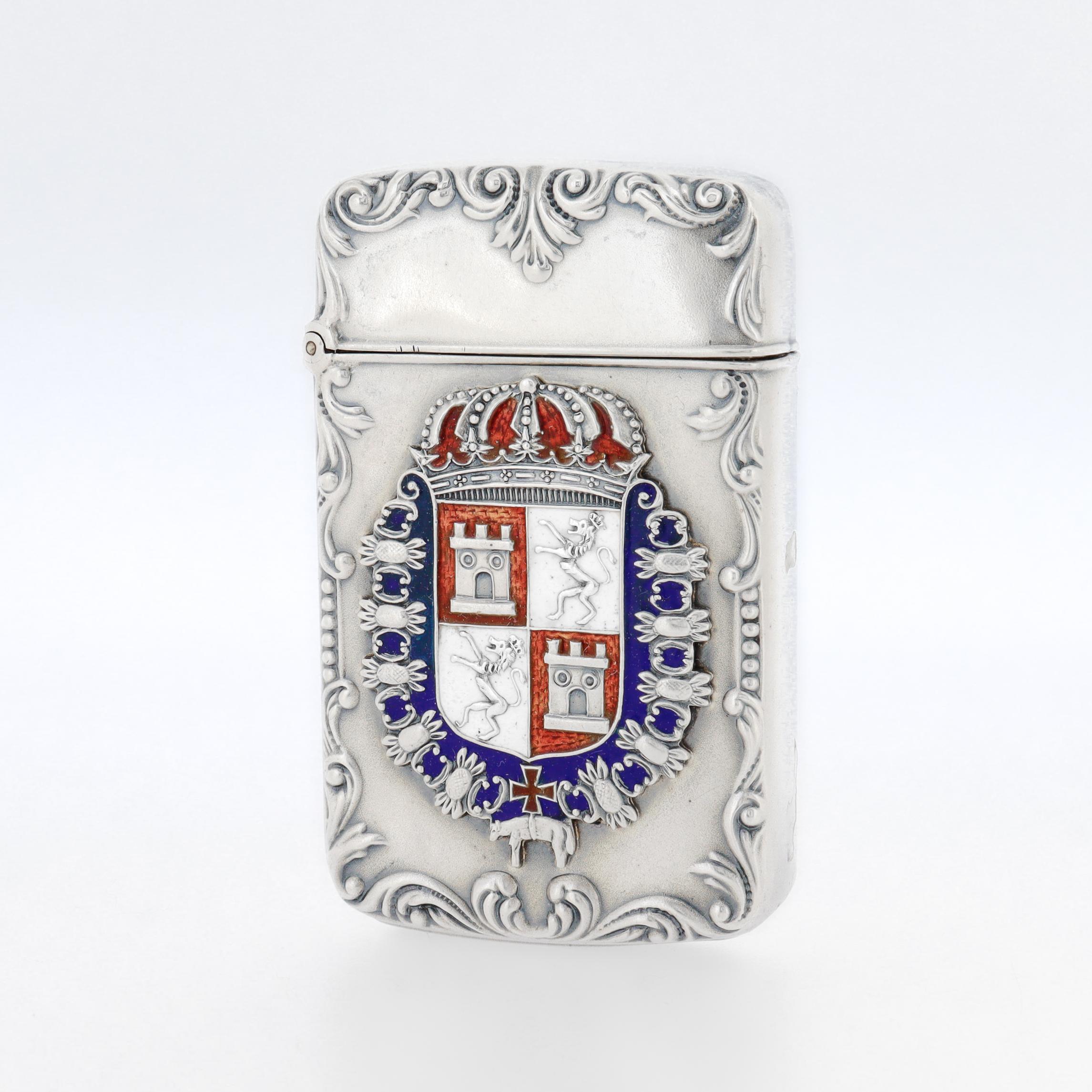 20th Century Antique Sterling Silver & Enamel Spanish Coat of Arms Matchsafe For Sale