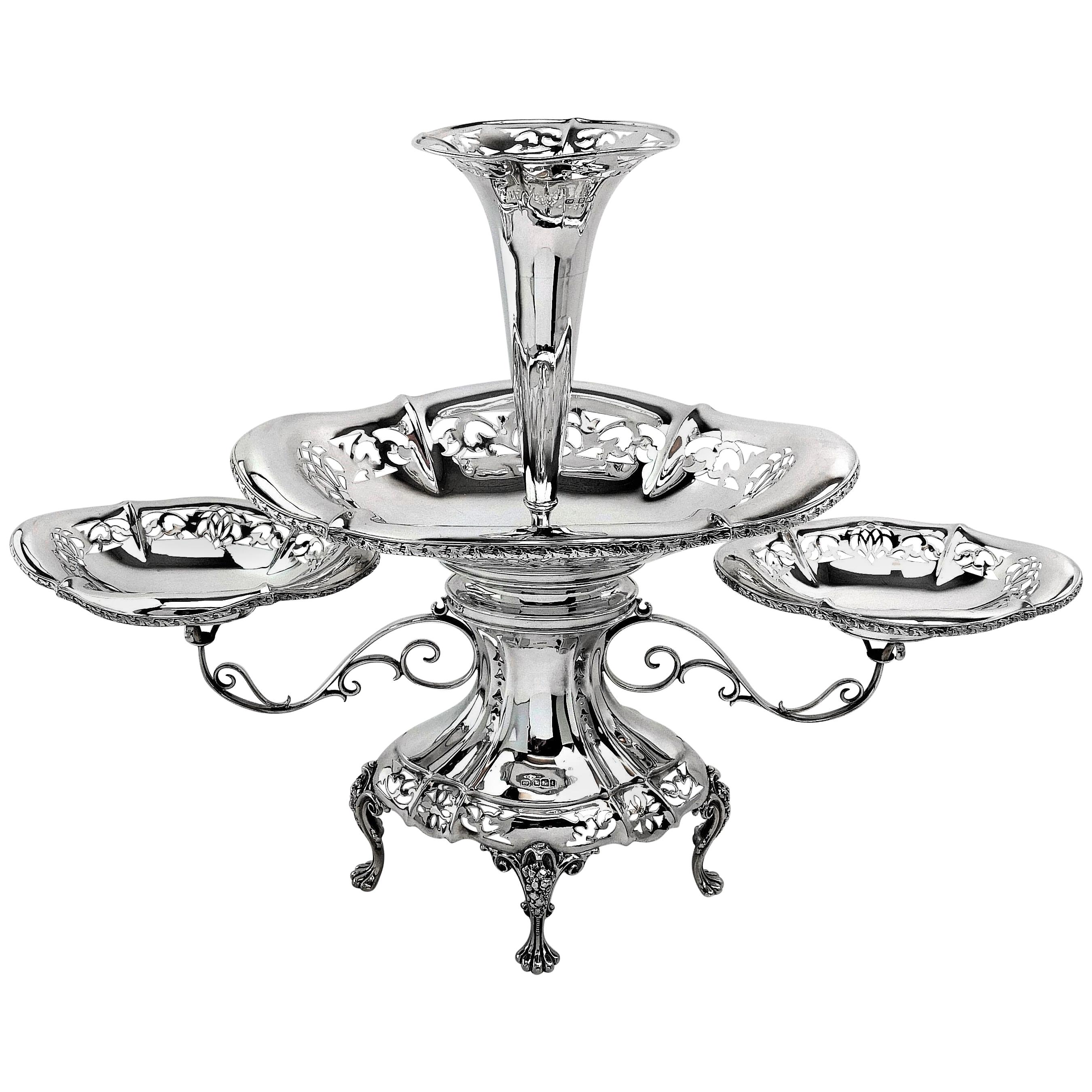 Epergne / Centro de mesa / Jarrón antiguo de plata de ley 1911