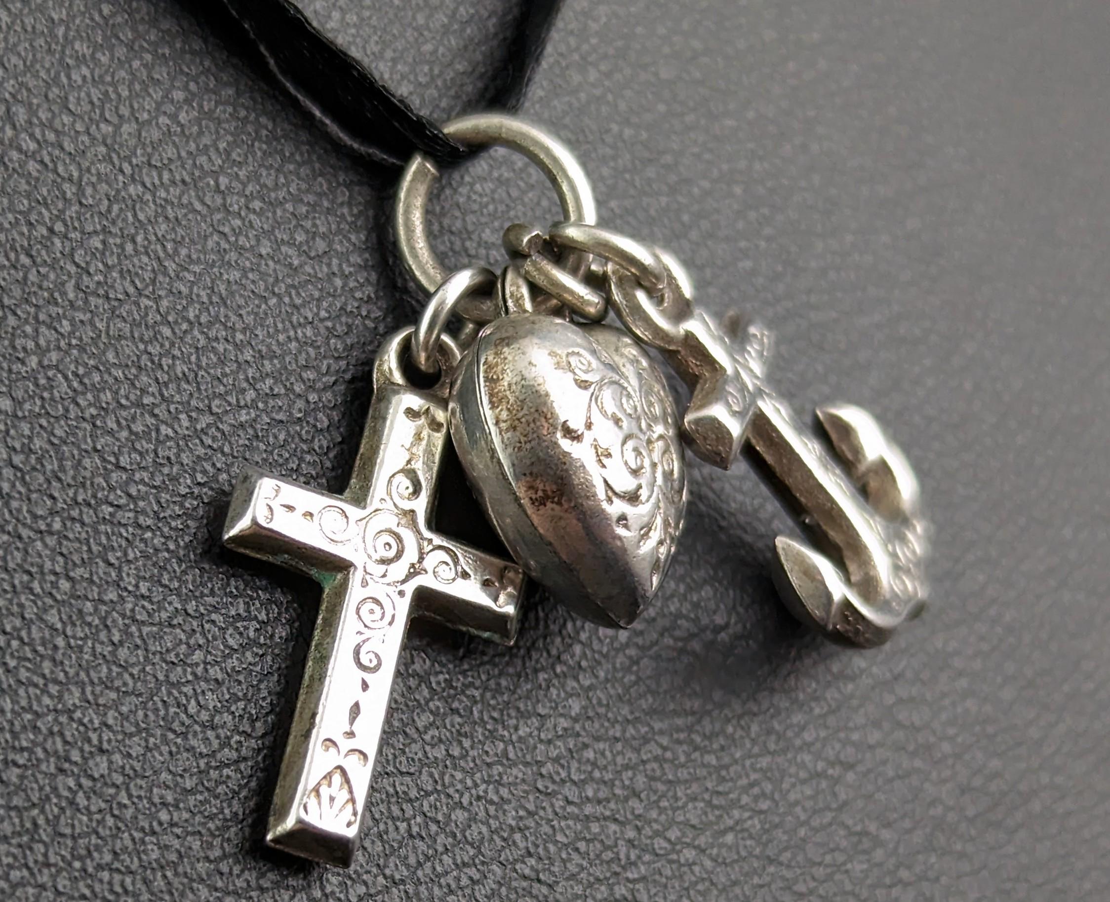 Antique Sterling silver Faith, Hope and Charity charm, Pendant, Victorian  1