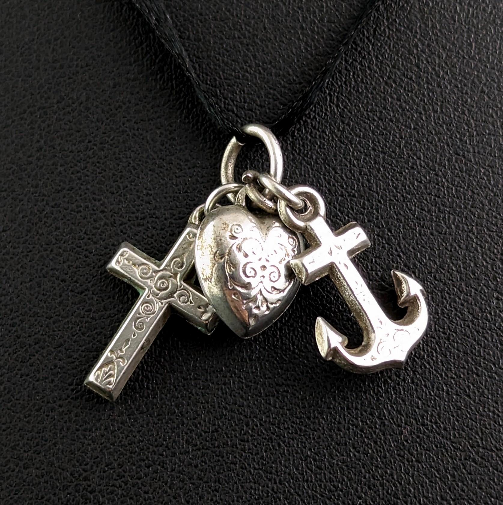 Antique Sterling silver Faith, Hope and Charity charm, Pendant, Victorian  2