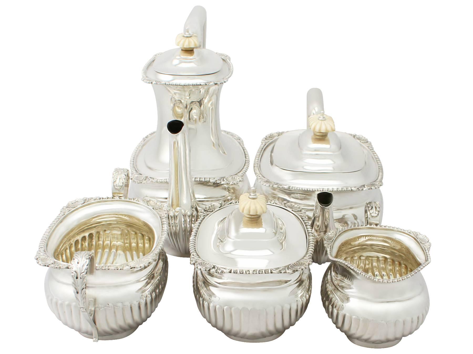 A fine and impressive antique Edward VIII English sterling silver five-piece tea and coffee service including matching tea caddy; an addition to our silver teaware collection

This fine antique Edward VIII sterling silver five piece tea and coffee