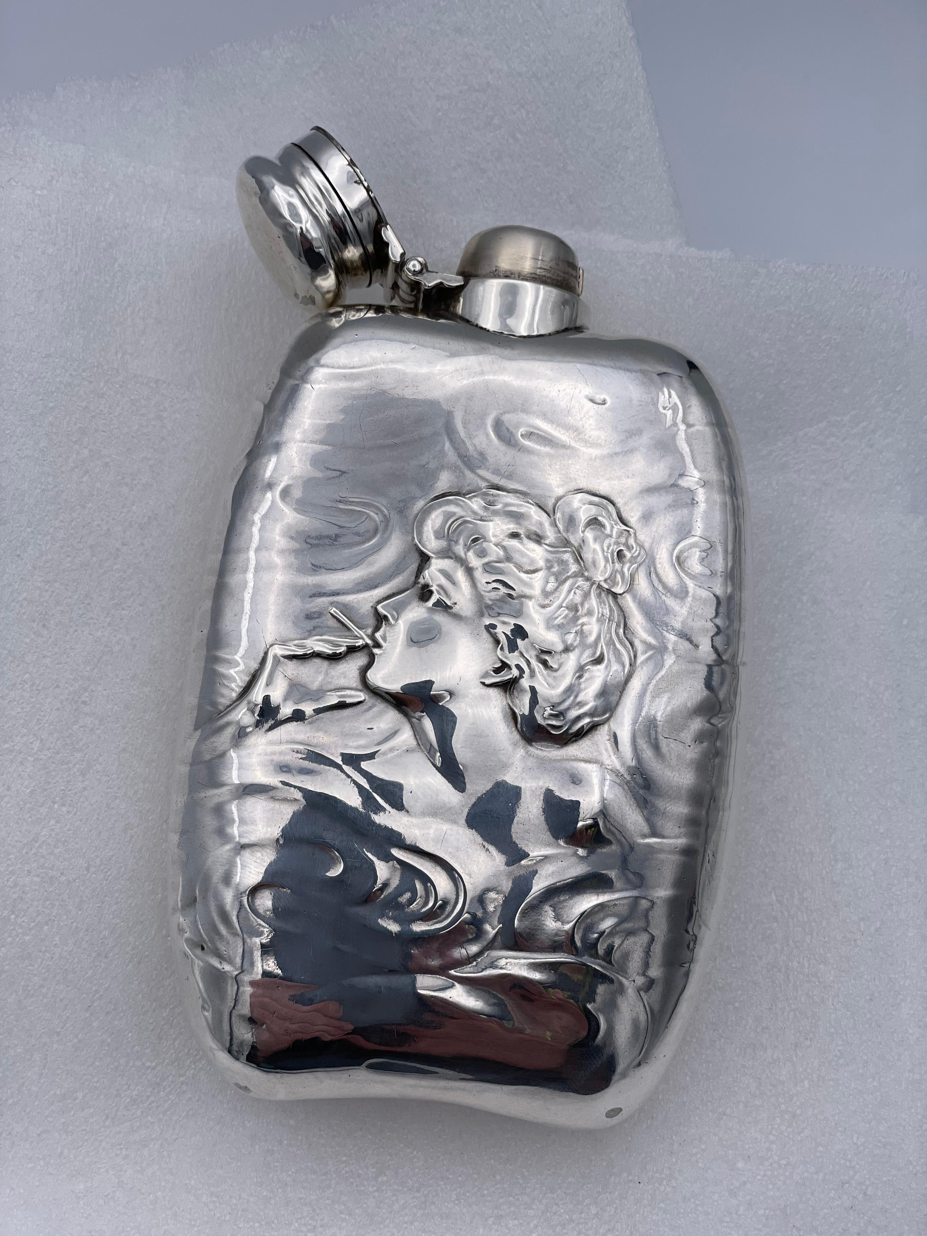 Antique Sterling Silver Flask with Smoking Woman In Good Condition In New York, NY