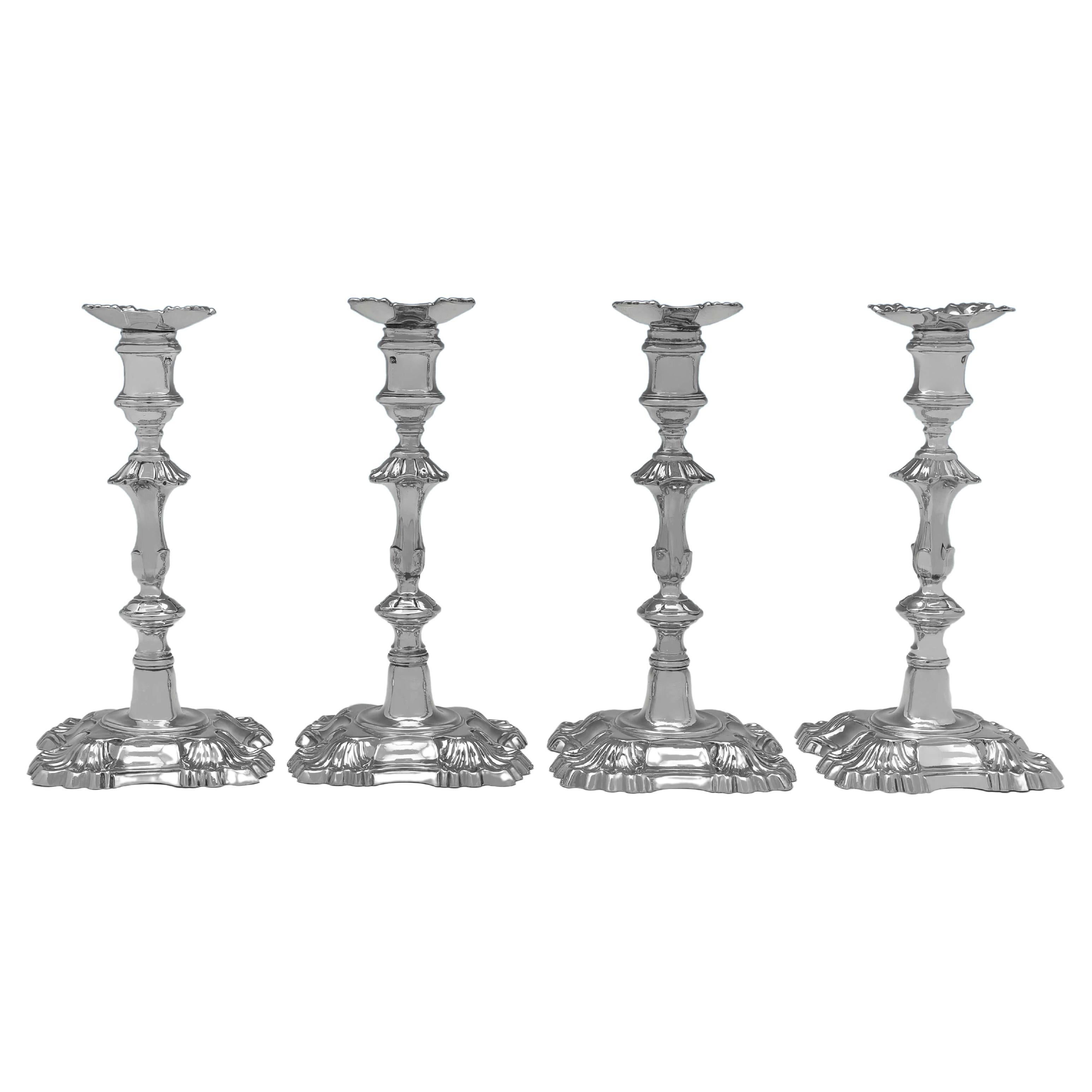 Antique Sterling Silver George II Set Of Four Four Shell Cast Candlesticks 1753