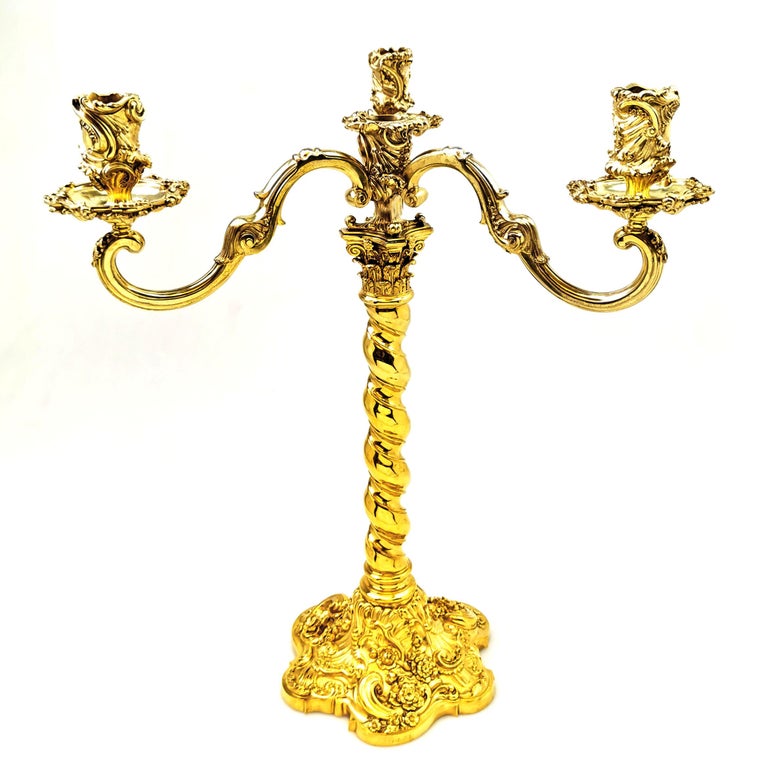 Antique Sterling Silver Gilt 4 Light Candelabra Candlesticks 1909 In Good Condition For Sale In London, GB