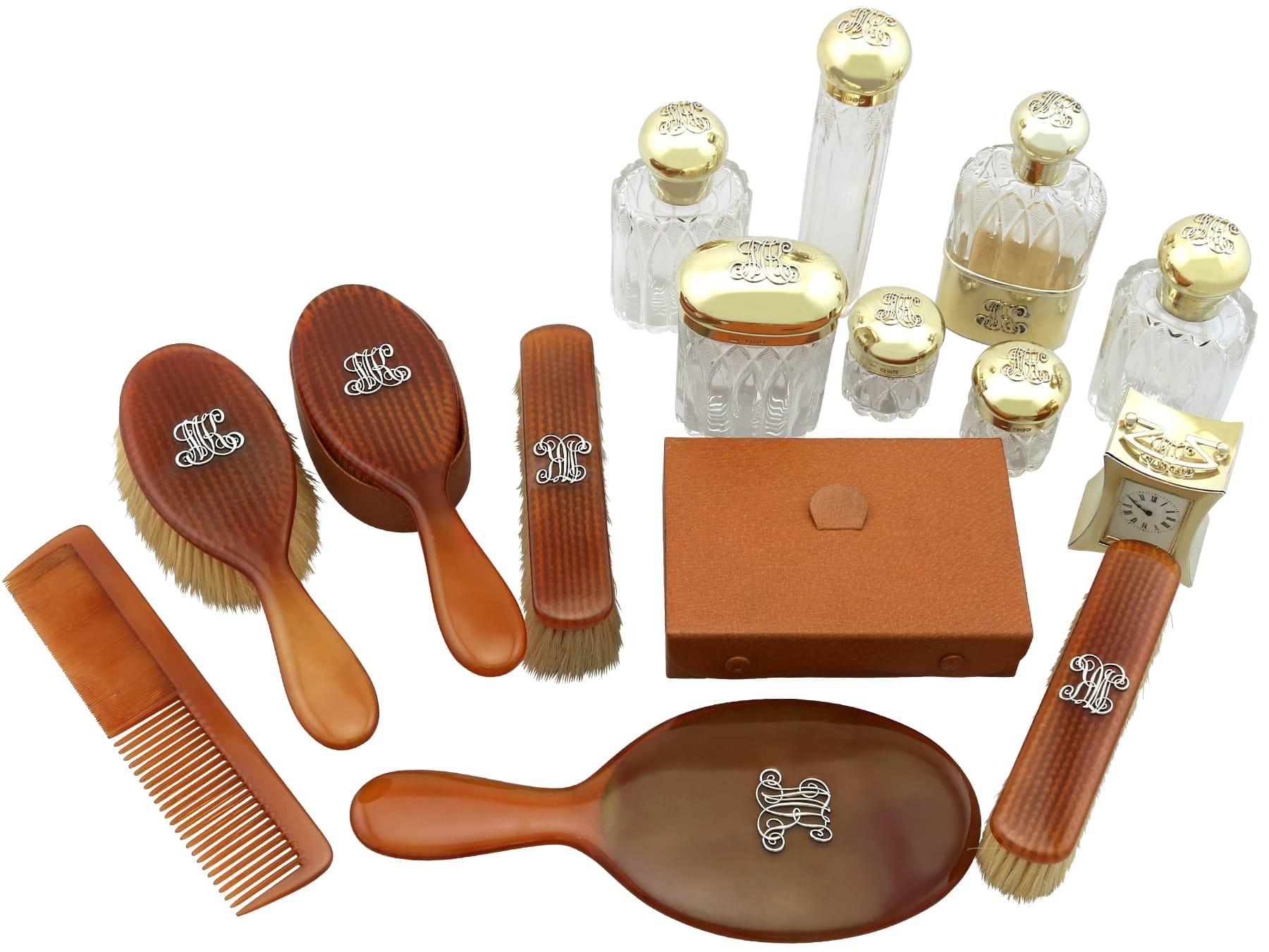 English Antique Sterling Silver Gilt and Celluloid Gent's Travelling Vanity Set (1899) For Sale