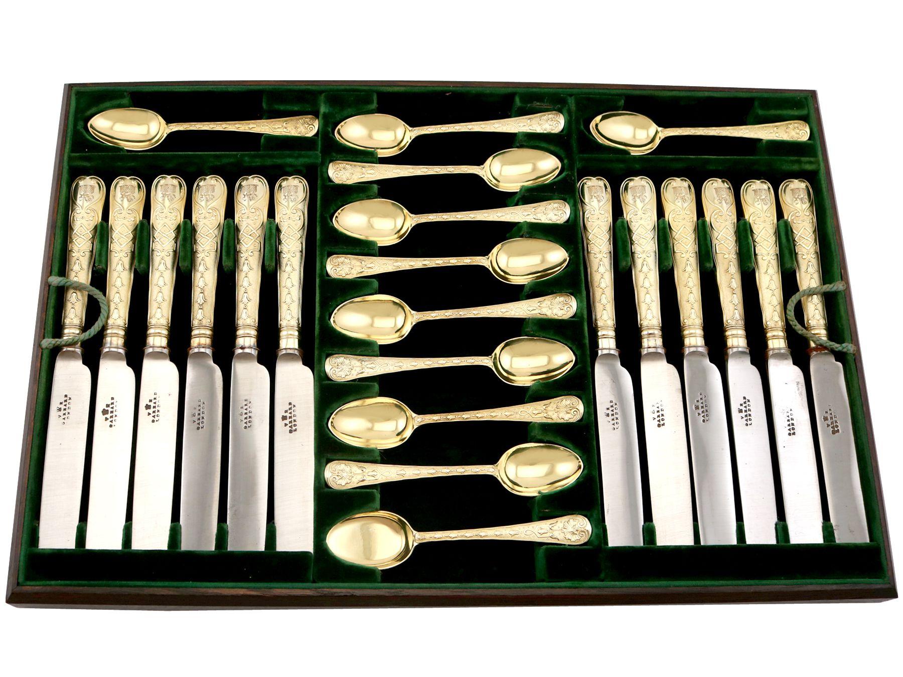 English Antique Sterling Silver Gilt Canteen of Cutlery for Twelve Persons