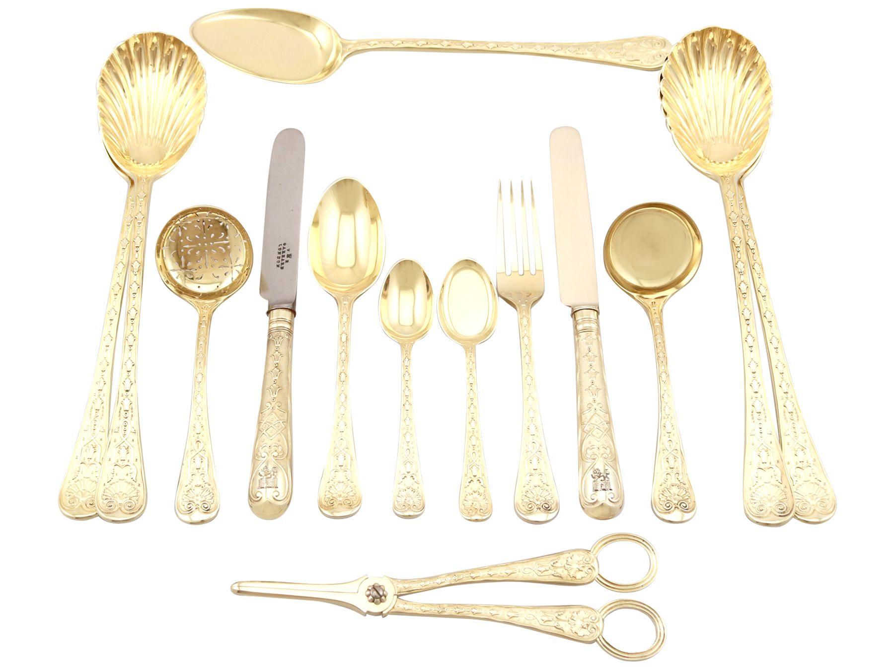 Antique Sterling Silver Gilt Canteen of Cutlery for Twelve Persons 1