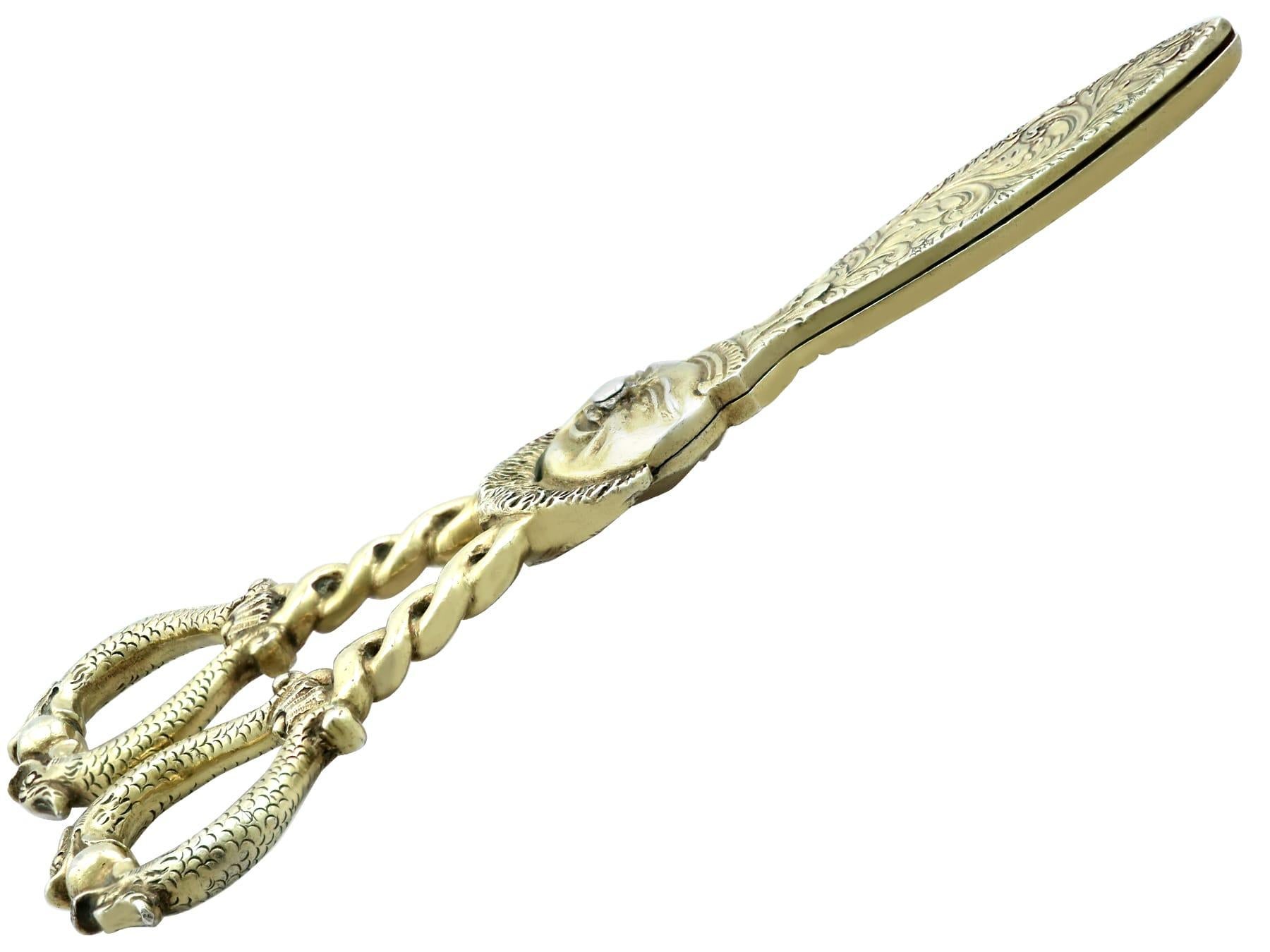 English Antique Sterling Silver Gilt Grape Shears '1854' For Sale