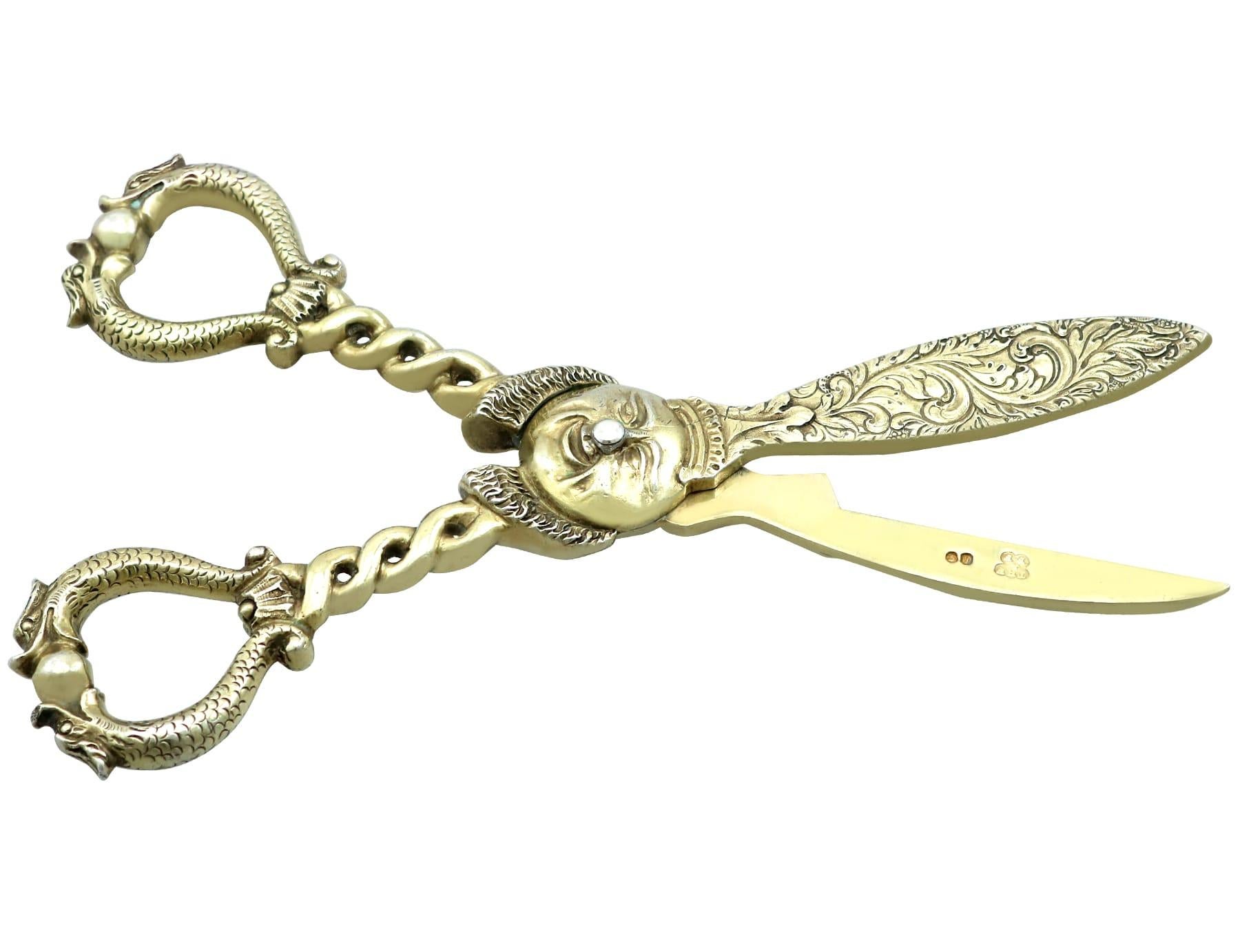 Antique Sterling Silver Gilt Grape Shears '1854' In Excellent Condition For Sale In Jesmond, Newcastle Upon Tyne