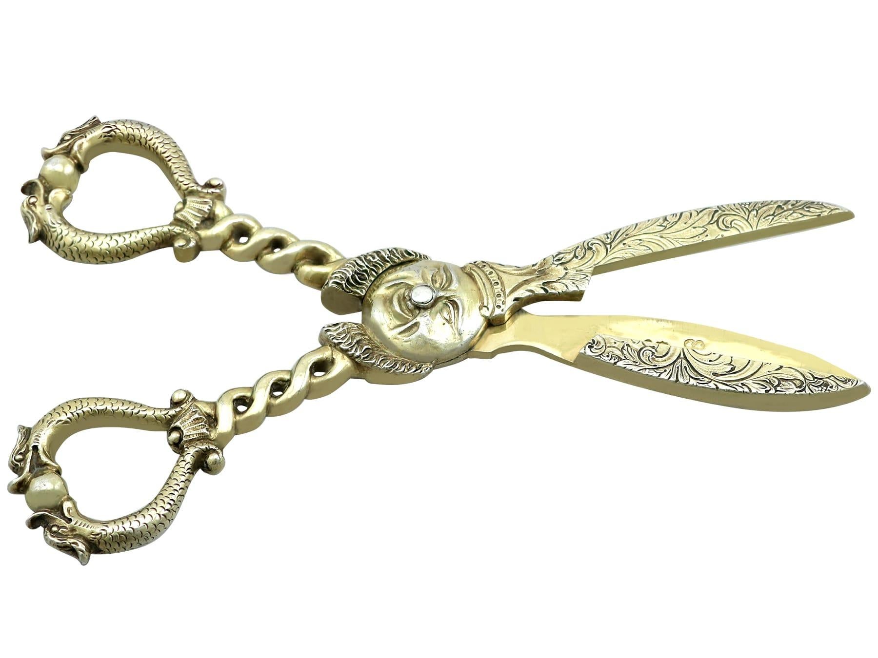 Mid-19th Century Antique Sterling Silver Gilt Grape Shears '1854' For Sale