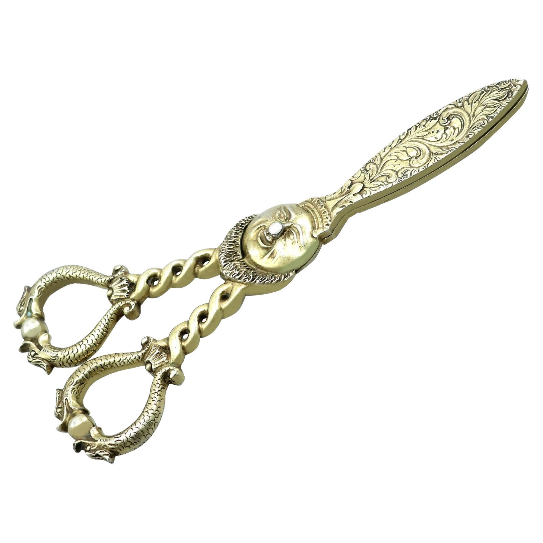 Antique Sterling Silver Gilt Grape Shears '1854' For Sale