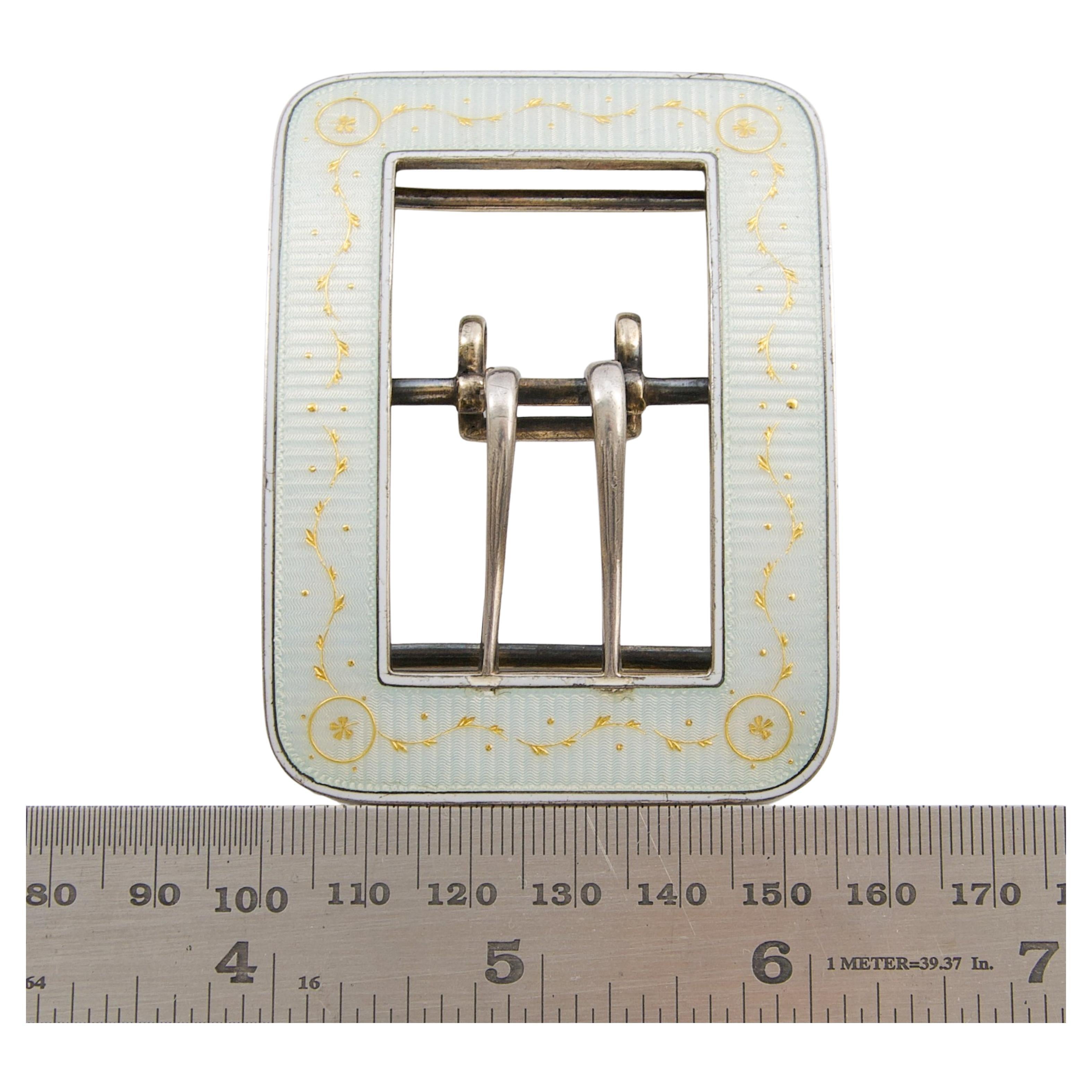 Antique Sterling Silver Gold Detailing White Guilloché Enamel Buckle For Sale 5