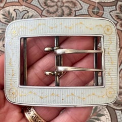 Antique Sterling Silver Gold Detailing White Guilloché Enamel Buckle