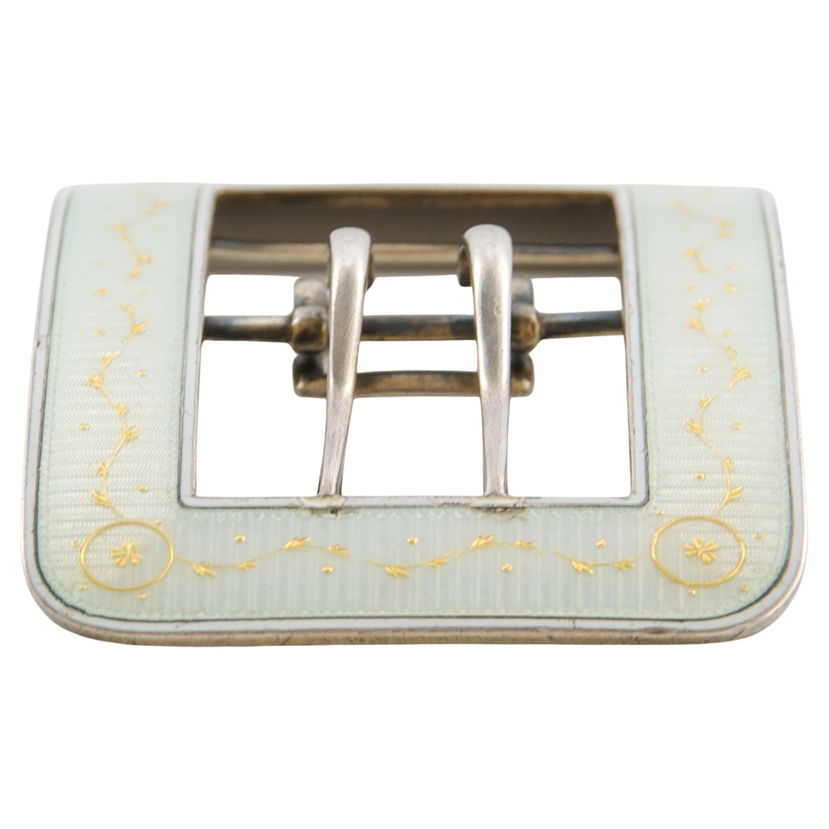 Edwardian Antique Sterling Silver Gold Detailing White Guilloché Enamel Buckle For Sale