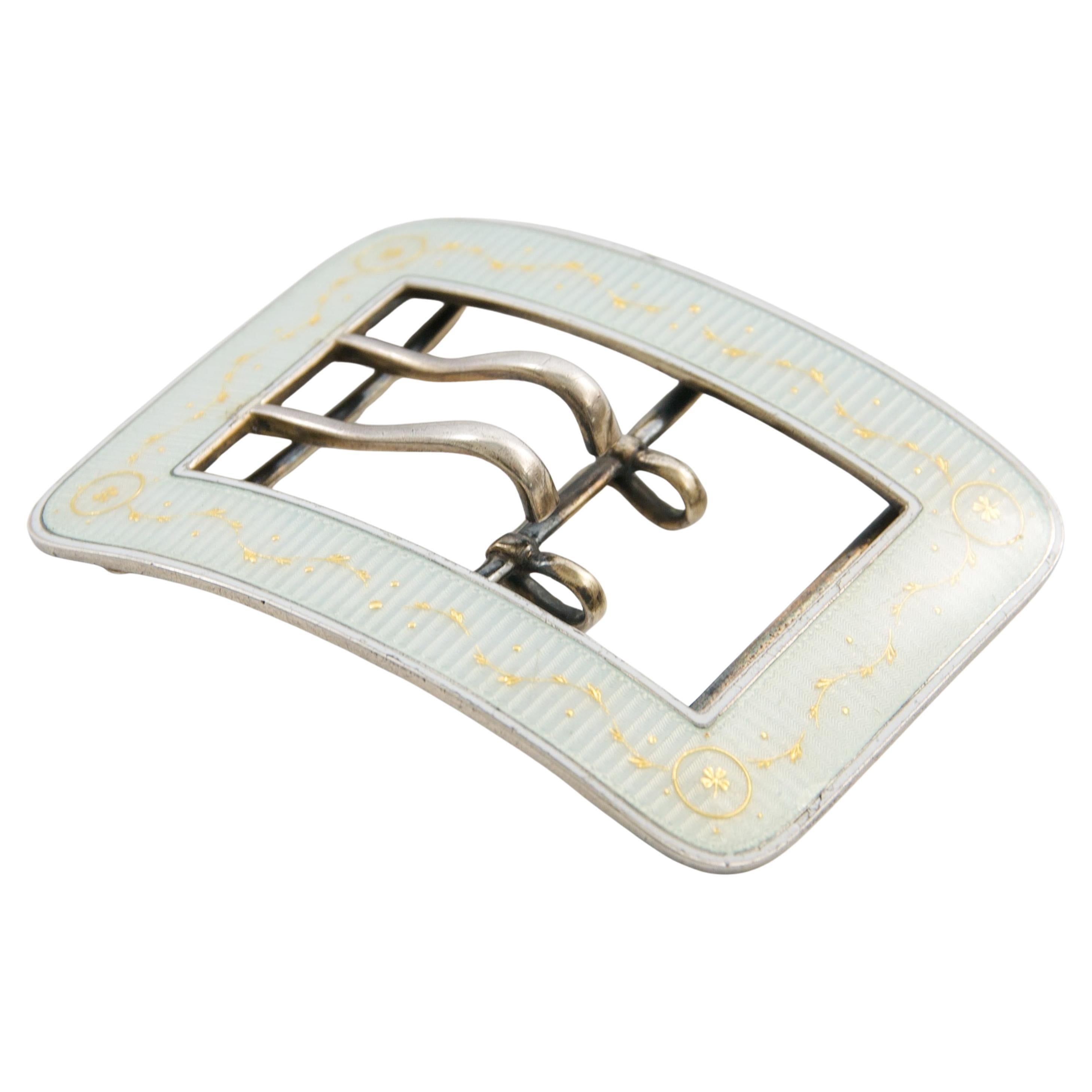 Antique Sterling Silver Gold Detailing White Guilloché Enamel Buckle In Good Condition For Sale In Rotterdam, NL