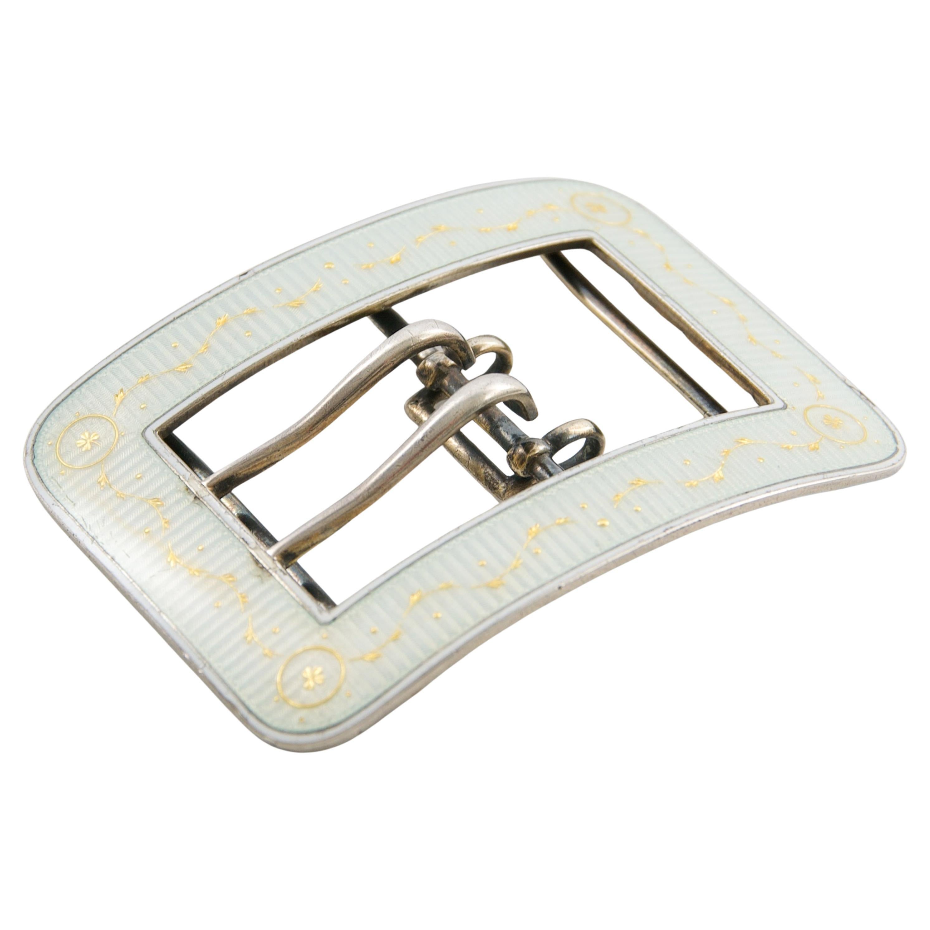 Women's or Men's Antique Sterling Silver Gold Detailing White Guilloché Enamel Buckle For Sale
