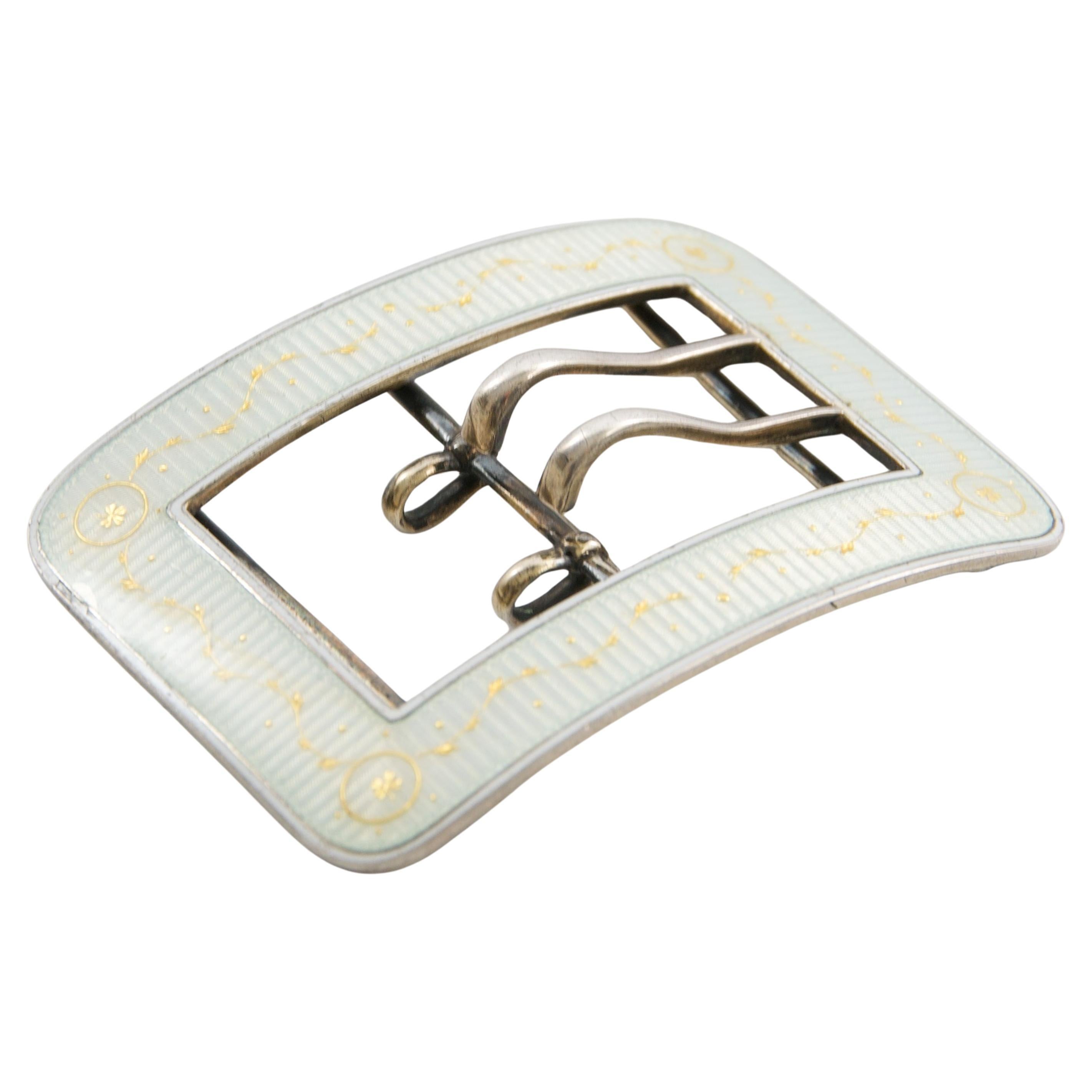 Antique Sterling Silver Gold Detailing White Guilloché Enamel Buckle For Sale 1