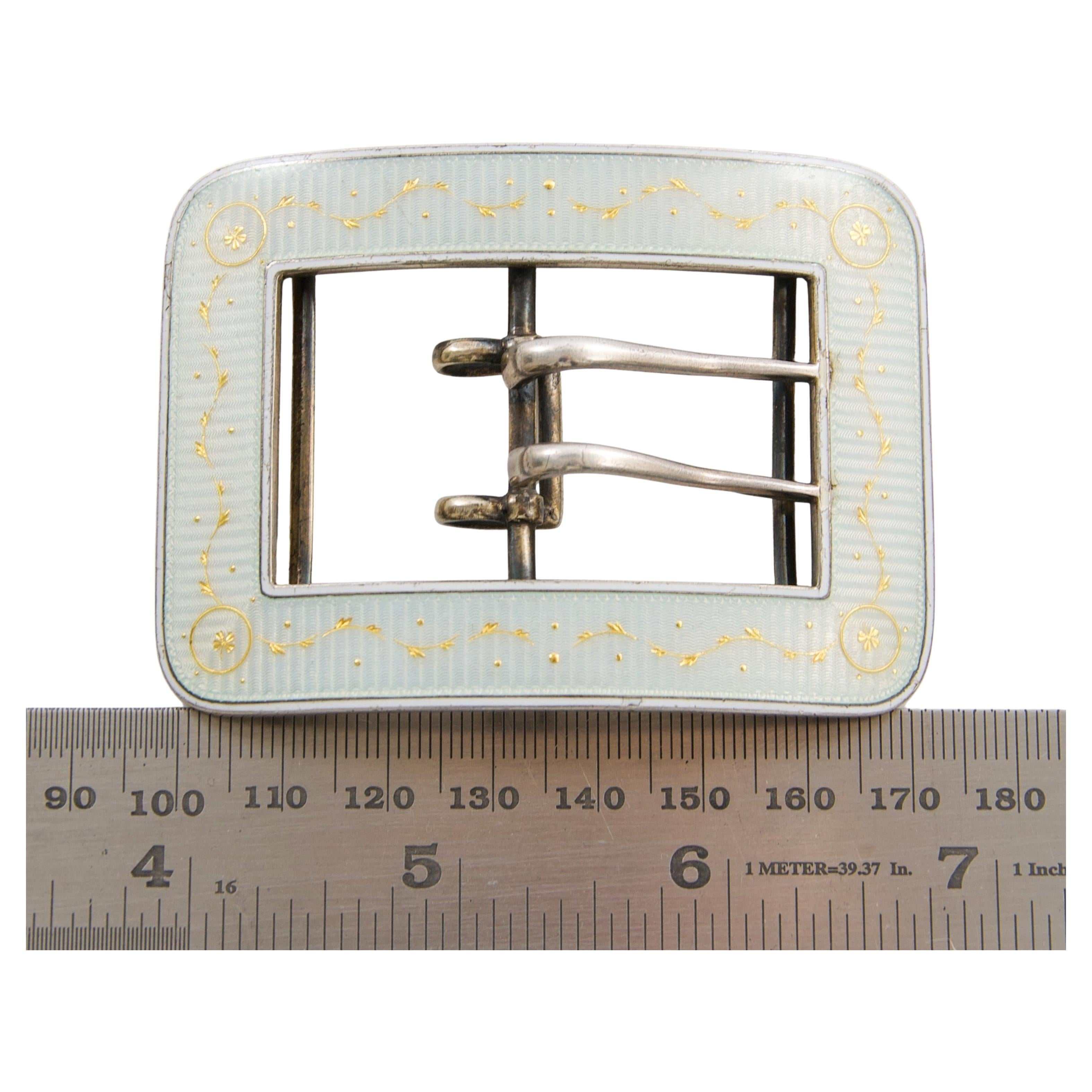 Antique Sterling Silver Gold Detailing White Guilloché Enamel Buckle For Sale 4
