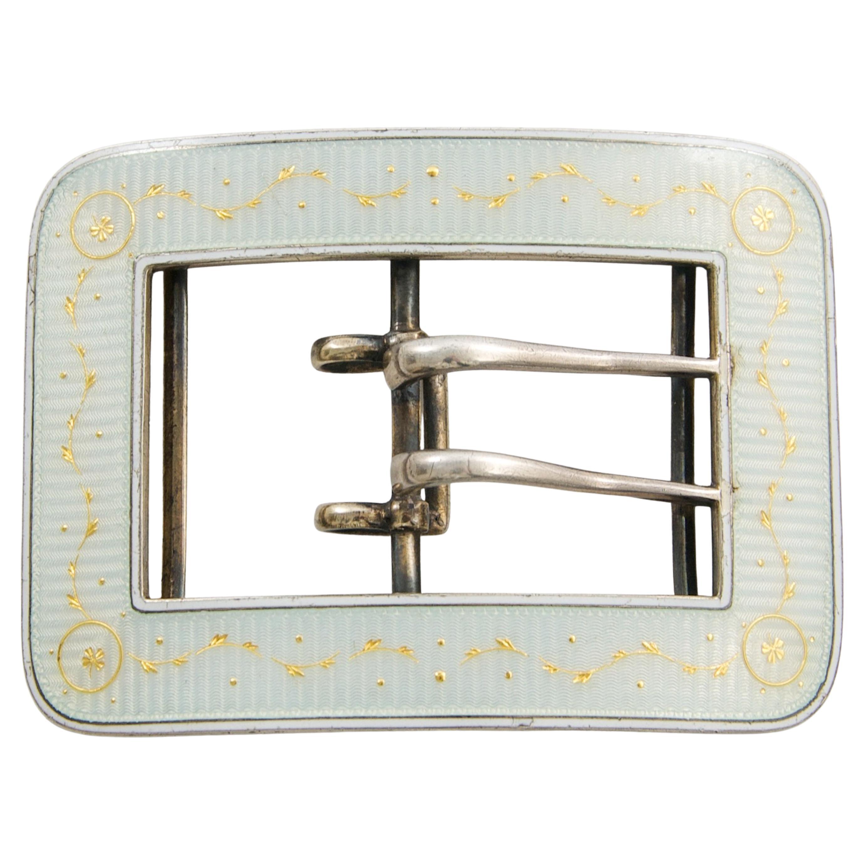 Antique Sterling Silver Gold Detailing White Guilloché Enamel Buckle